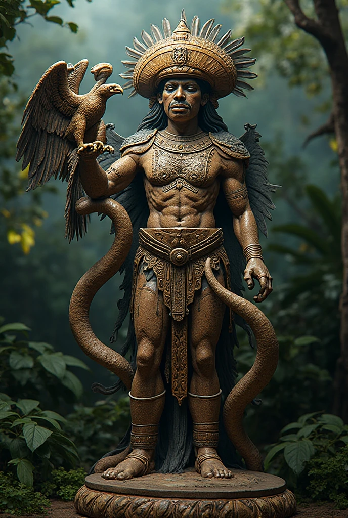 Simbolo da supremacia maya explosive, supernatural painting of a shape-shifting deity, adorned with chaotic and omnipresent Mayan motifs, piercing eyes, a breathtaking amalgam of art and captivating photo collage, Mesmerizing poster design:: woody tone:: its appearance exuded the enigmatic allure of ancient Mayan minimalism fused with cosmic chaos:: --ar 9:16 --s 963 --c 9 --q 2 --v 5 warrior man full body