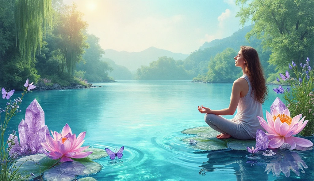 A woman filmed with her back facing the sunrise in a meditative position with nature and a calm lake around her, the woman is sitting on a rug and a cushion on a wooden pier, a color palette s]in shades of blue and yellow.. ultra realistic image