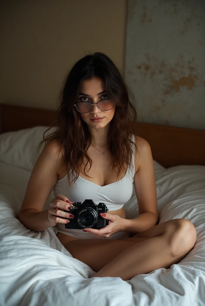 A brunette girl with curly hair and big breasts sits with her legs stretched out, taking a realistic photo