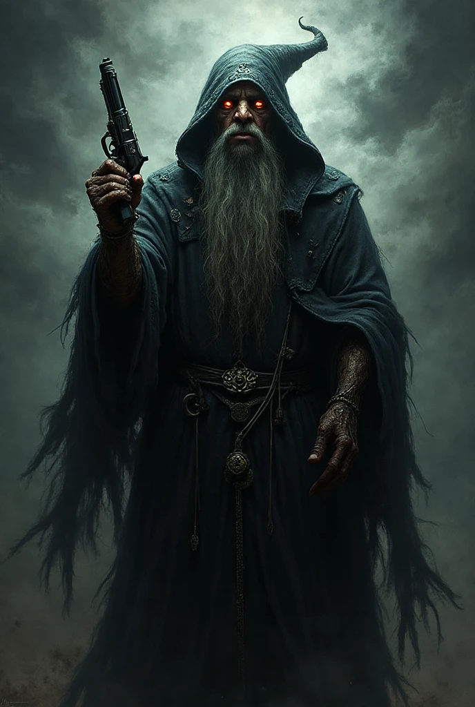 Create an image of an evil wizard with a cord written CV and a revolver ...