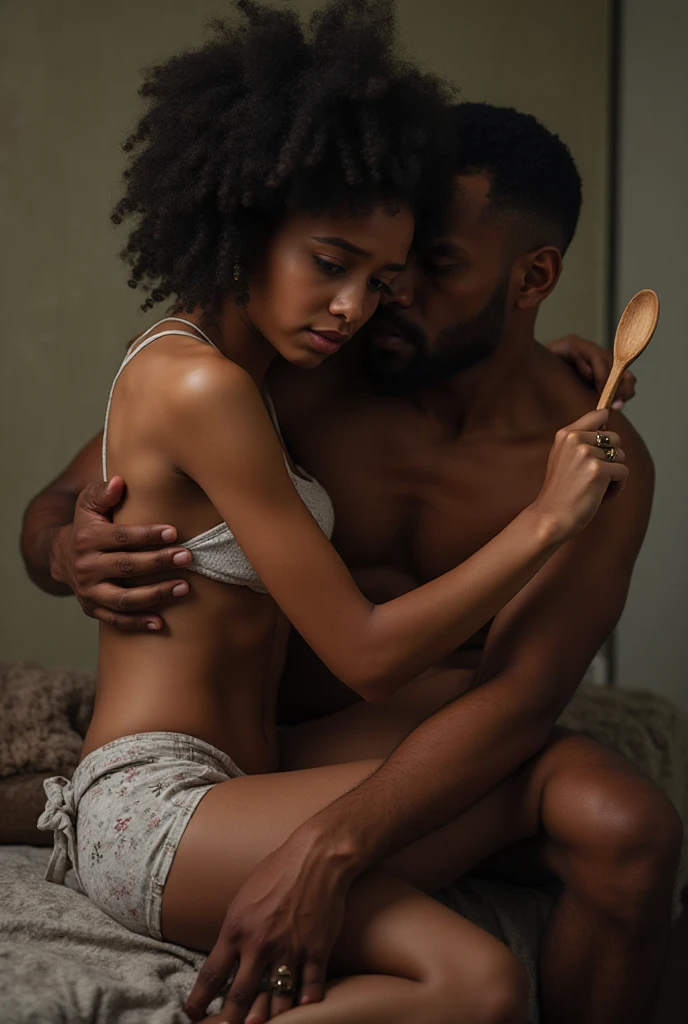 Black man and woman at home laying down cuddling on a couch. The man and woman are dressed comfy in sweats. Zoom out a bit, romantic lighting