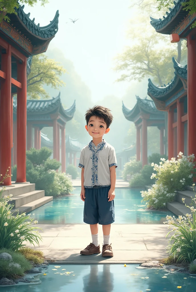 1boy,Walk on lotus leaves,Frozen creeks,In the background is a huge lotus flower,Song dynasty style