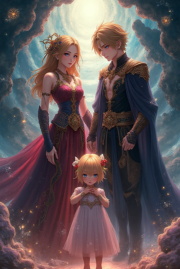 An anime couple protective of a demon boy and an angel girl 