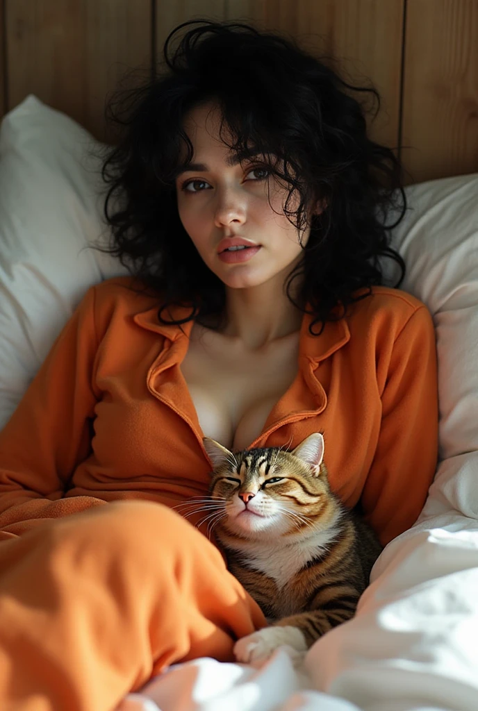 عکس واقعی beautiful Italian woman waking up in her bed, ۲۶ ساله ، orange cat pajamas, bust 20, black eyes. Messy black hair. سینه برجسته. انجنای سینه معلوم Next to her is a tender brown, white, black orange, dhl American curl cat. , lisa, hk_girl,