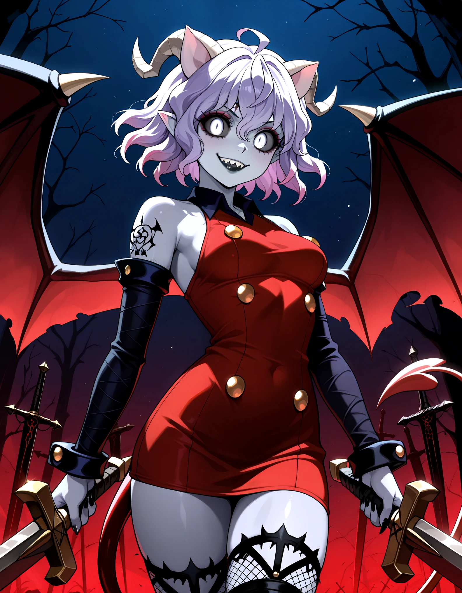 masterpiece, best quality, high resolution, very detailed on trends, best quality, ultra detailed, 1 girl, solo,Neferpitou, cute girl, anime, demon girl, dark purple skin, Briar, Daniela Dimitrescu, black lipstick, eyeshadow, forehead tattoo, Briar, white eyes, black sclera, faded hair, Ahoge, pointy ears, slim body, perfect eyes, sharp teeth, medium breasts,thin thighs, gray skin, purple hair with red tips, long hair, confident smile (black demon horns), elf ears, giant bat wings, exposed shoulder, velvet sleeves, elegant red dress, black velvet bracelet, black fishnet arm sleeve, black thigh-high stockings with crosses and pink slits, 2 swords, two swords, holding a large demon sword, tattoos on one arm, red wings, long red tail with a spade tip, night sky background, energetic pose, playful raised hand