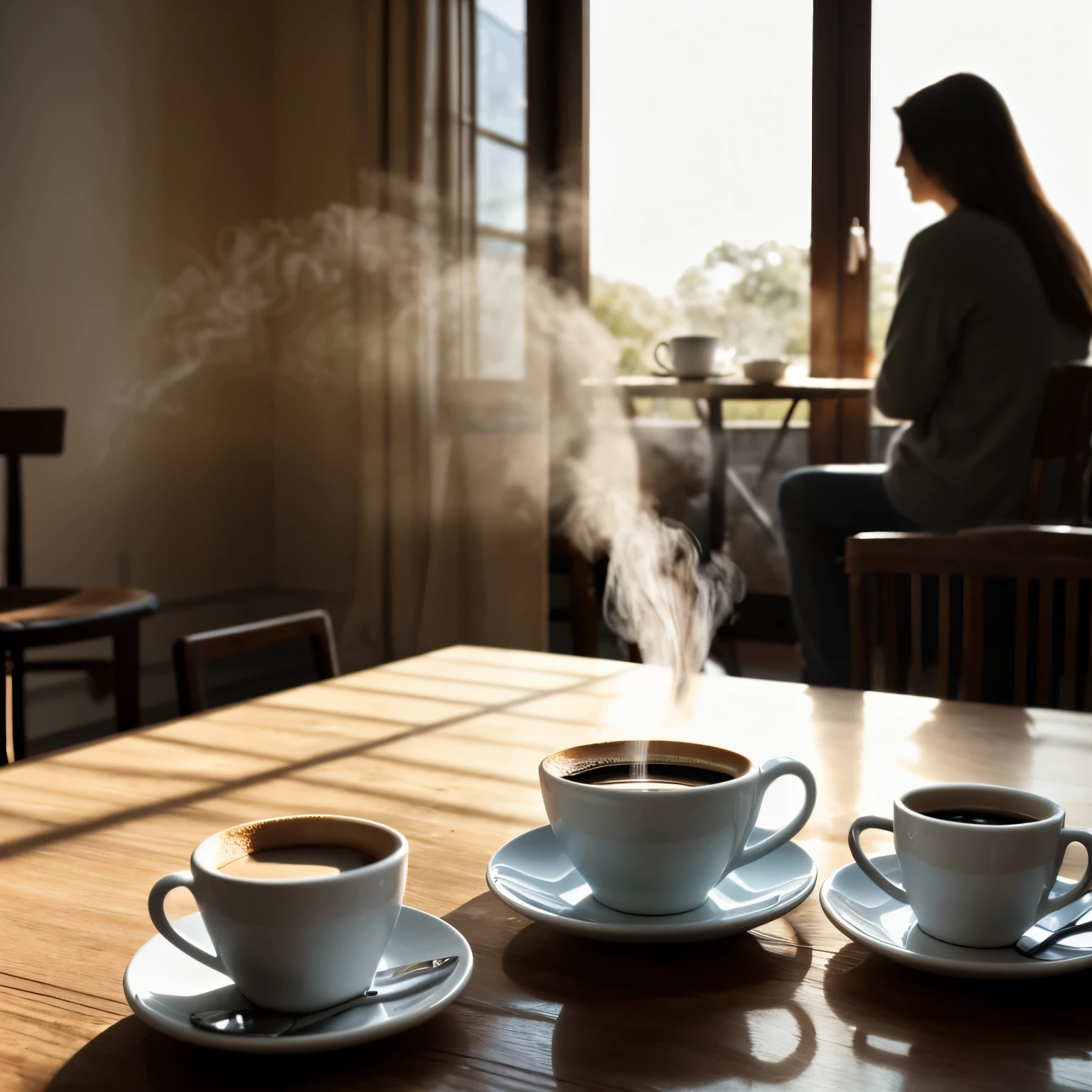 A cozy morning cafe scene with sunlight streaming through large windows, a warm cup of coffee on the table, soft steam rising, blurred silhouettes of people in the background enjoying their morning. Gentle, pastel tones with a calm and warm vibe. No text in the image.