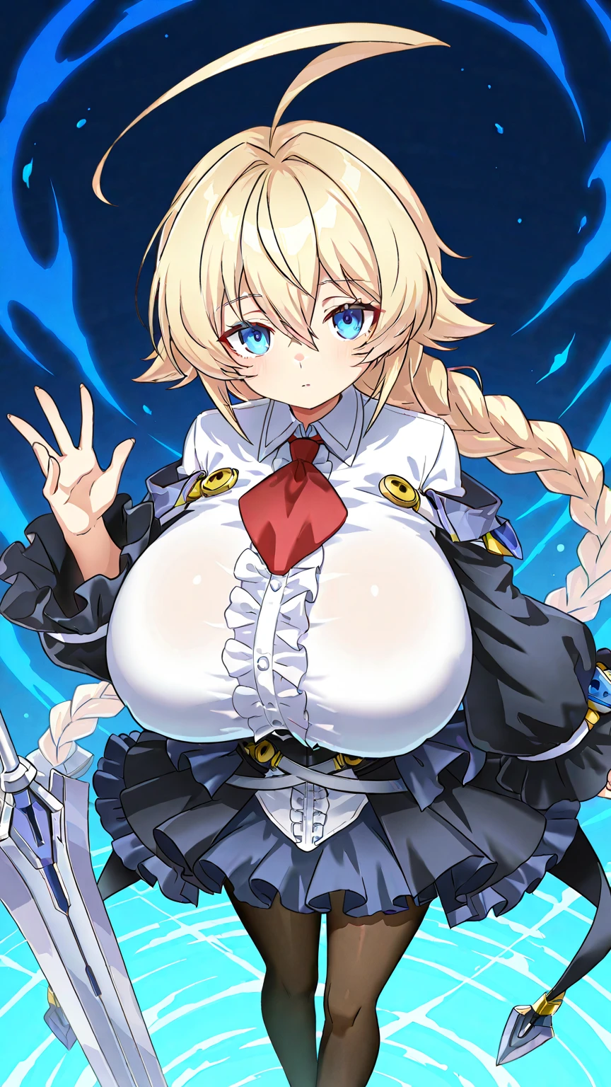 score_9,score_8_up,score_7_up,source_anime,
1girl,solo,upper body,breast hold,from above,looking at viewer,looking up,embarrassed,(frown:0.4)blush,closed mouth,sweat,
<lora:maryland_ponyXLV6:0.7>,kcmary,
grey eyes,light brown hair,braid,low twintails,sidelocks,
headgear,blue bow,blue necktie,necktie between breasts,capelet,
white shirt,grey dress,black gloves