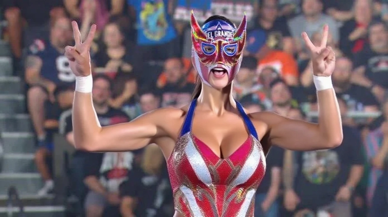 Masterpiece, best quality, RAW photograph of a gorgeous luchadora wearing a luchador mask and skimpy wrestling uniform, posing seductively, dynamic pose, in a Wrestlemania event, (cameltoe, underboob:1.2)
