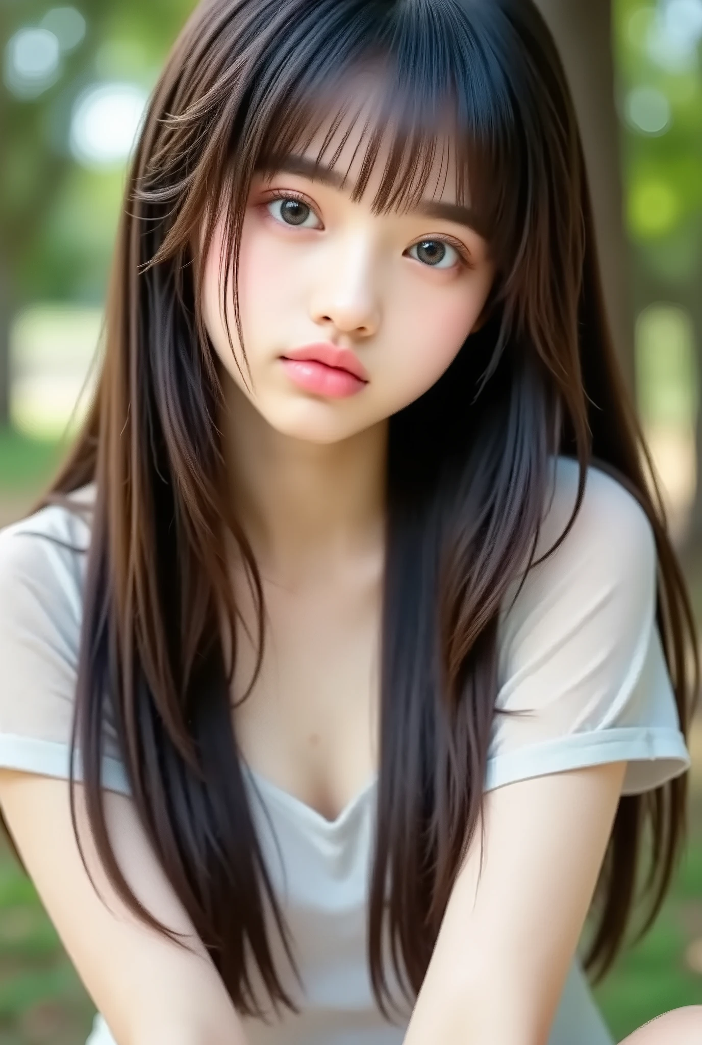 masterpiece , 1 Beautiful Girl , fine eyes , Puffy Eye , Highest Quality , Super A high resolution , (realistic: 1 . 4) , Cinema Lighting , Japanese , Asian beauty , very beautiful , beautiful skin , thin , (surreal) , (high resolution) , (8k) , (high resolution) , (Beautifully detailed) , (very detailed) , (Wallpaper) , detailed face , bright lighting , professional lighting , Art (The costume is a short sleeve blouse . ) , very long hair , messy hair , asymmetrical bang , brown hair , Japanese Idol , Korean idol , Idol Pose , 28 years old , Expensive , smile , Afternoon park background , ((leaning forward)) ,
