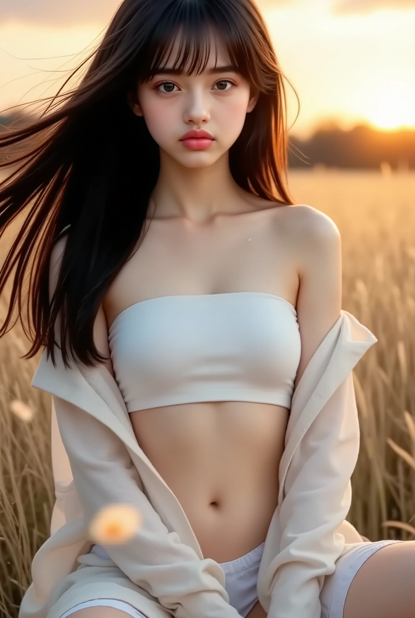 (logo、masterpiece、8k、table top with visible underfoot、Original photo、amazing、Highest Quality、Photorealistic and very detailed CG integrated 8k wallpaper、high quality、very detailed、Narrative poetry、particle effect、dynamic Effects、 Described Boundary Depth 、cinematic lights、lens flare、ray tracing)、Nikon Z7 II fantasy shot with a mirrorless camera、 (beautiful woman、white pants、white t-shirt、white tube top、white crop top、dark haired、beautiful faces、true face、Beautiful Details、eye、beautiful skin、Ultimate Body、glamorous)、私の髪はwindに舞う、Hair flutters in wind、My hair bounces、Flying Petals、amazing scenery、sunrise、Background sun、wind