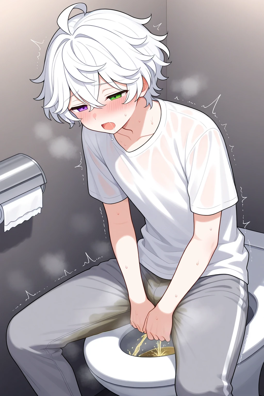 1boy, male focus, standing, full body, white shirt, shirt,pants, blue pants, necktie, indoors, solo, looking at viewer, open mouth, white hair, yellow eyes, short hair, best quality, amazing quality, best aesthetic, absurdres, year 2023,((wetting self, pee stains, puddle)), blushing, clenching teeth