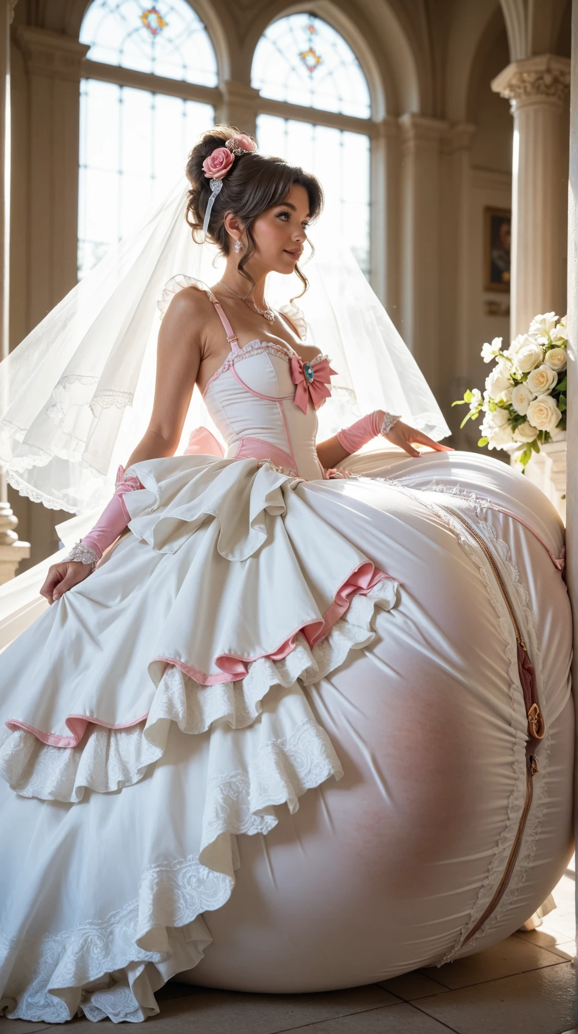 1girl, (gigantic pussy bulge:1.3), , frilly wedding dress, side view, magical girl outfit