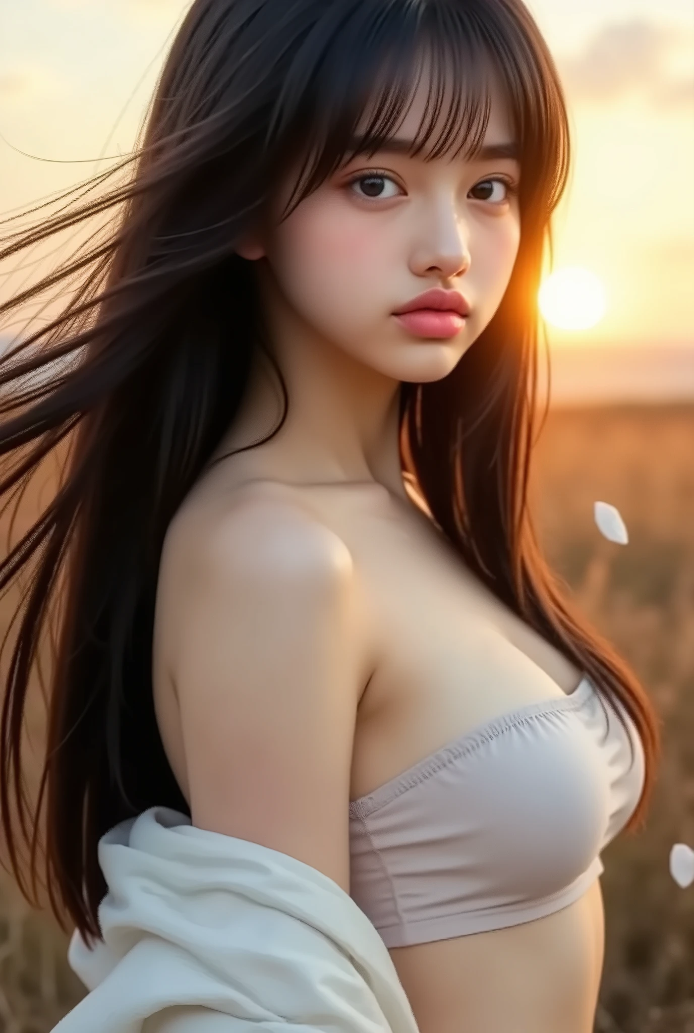 (logo、masterpiece、8k、table top with visible underfoot、Original photo、amazing、Highest Quality、Photorealistic and very detailed CG integrated 8k wallpaper、high quality、very detailed、Narrative poetry、particle effect、dynamic Effects、 Described Boundary Depth 、cinematic lights、lens flare、ray tracing)、Fantasy shot with the Nikon Z7 II mirrorless camera、 (beautiful woman、white pants、white t-shirt、white tube top、white crop top、dark haired、beautiful faces、true face、Beautiful Details、eye、beautiful skin、Ultimate Body、glamorous)、私の髪はwindに舞う、Hair flutters in wind、My hair bounces、Flying Petals、amazing scenery、sunrise、Background sun、wind