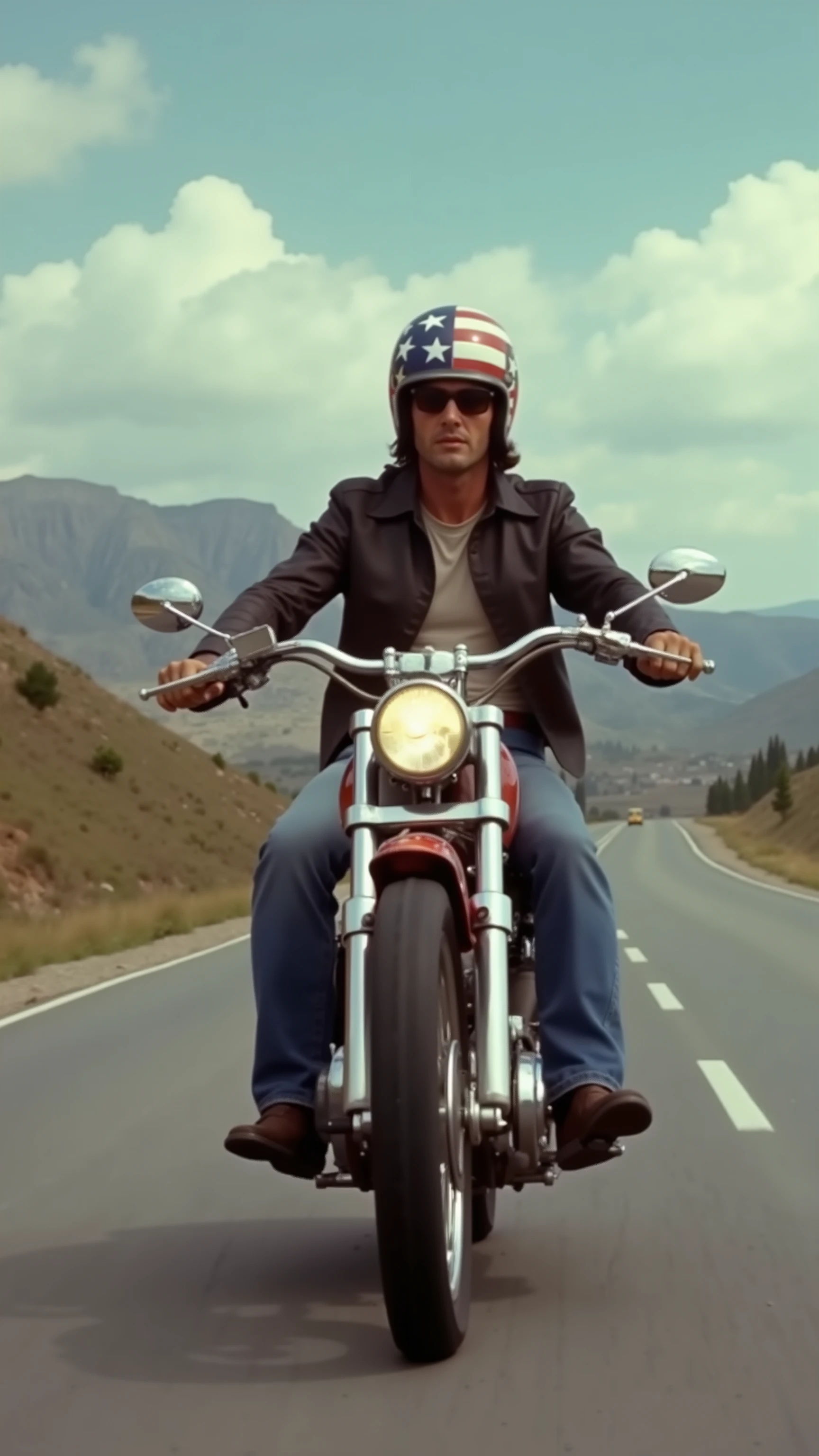 high-definition footage、movie『Easy Rider』One scene from、 1960s 、Peter Fonda wearing an American flag helmet and、a Harley Davidson chopper bike that runs fast on a scenic road、My partner continues on a motorcycle of the same shape