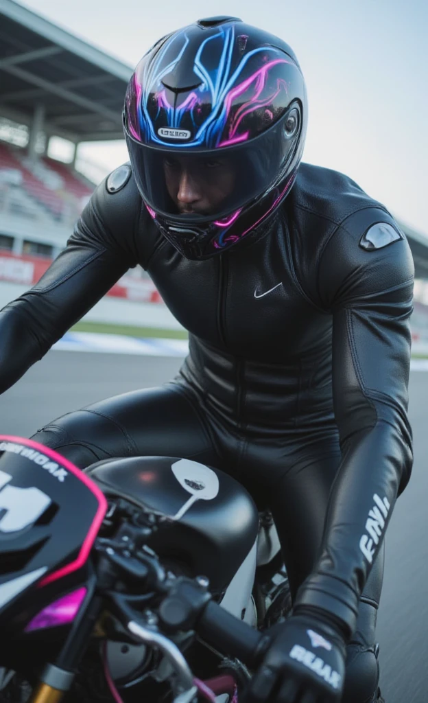 best quality, masterpiece, intricate details, anime, biker bodysuit, dainese, biker helmet with visor, musculine, male focus, (hidden mouth, hidden face:1.1), low angle, between legs, sweaty crotch