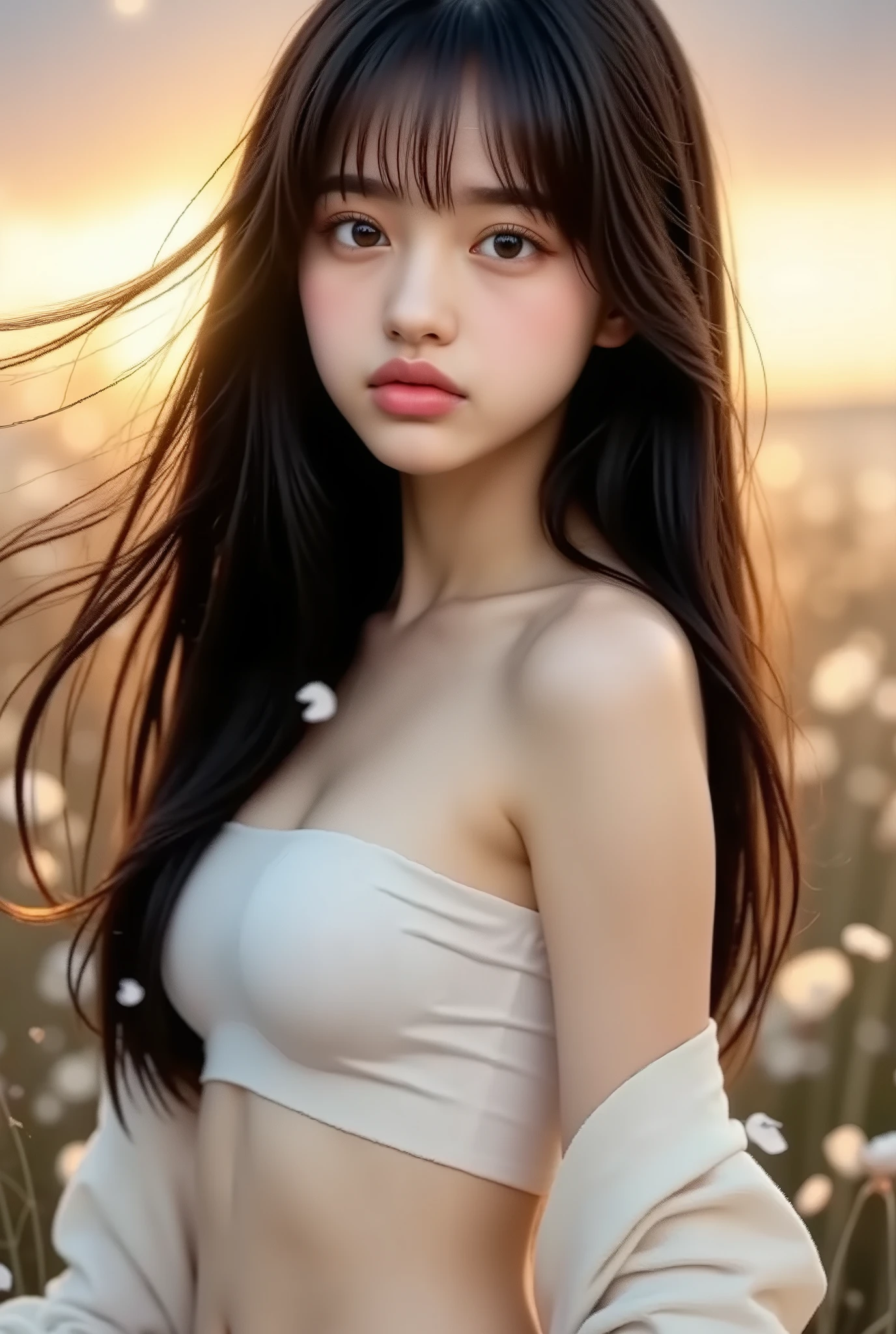 (logo、masterpiece、8k、table top with visible underfoot、Original photo、amazing、Highest Quality、Photorealistic and very detailed CG integrated 8k wallpaper、high quality、very detailed、Narrative poetry、particle effect、dynamic Effects、 Described Boundary Depth 、cinematic lights、lens flare、ray tracing)、Nikon Z7 II fantasy shot with a mirrorless camera、 (beautiful woman、white pants、white t-shirt、white tube top、white crop top、dark haired、beautiful faces、true face、Beautiful Details、eye、beautiful skin、Ultimate Body、glamorous)、私の髪はwindに舞う、Hair flutters in wind、My hair bounces、Flying Petals、amazing scenery、sunrise、Background sun、wind