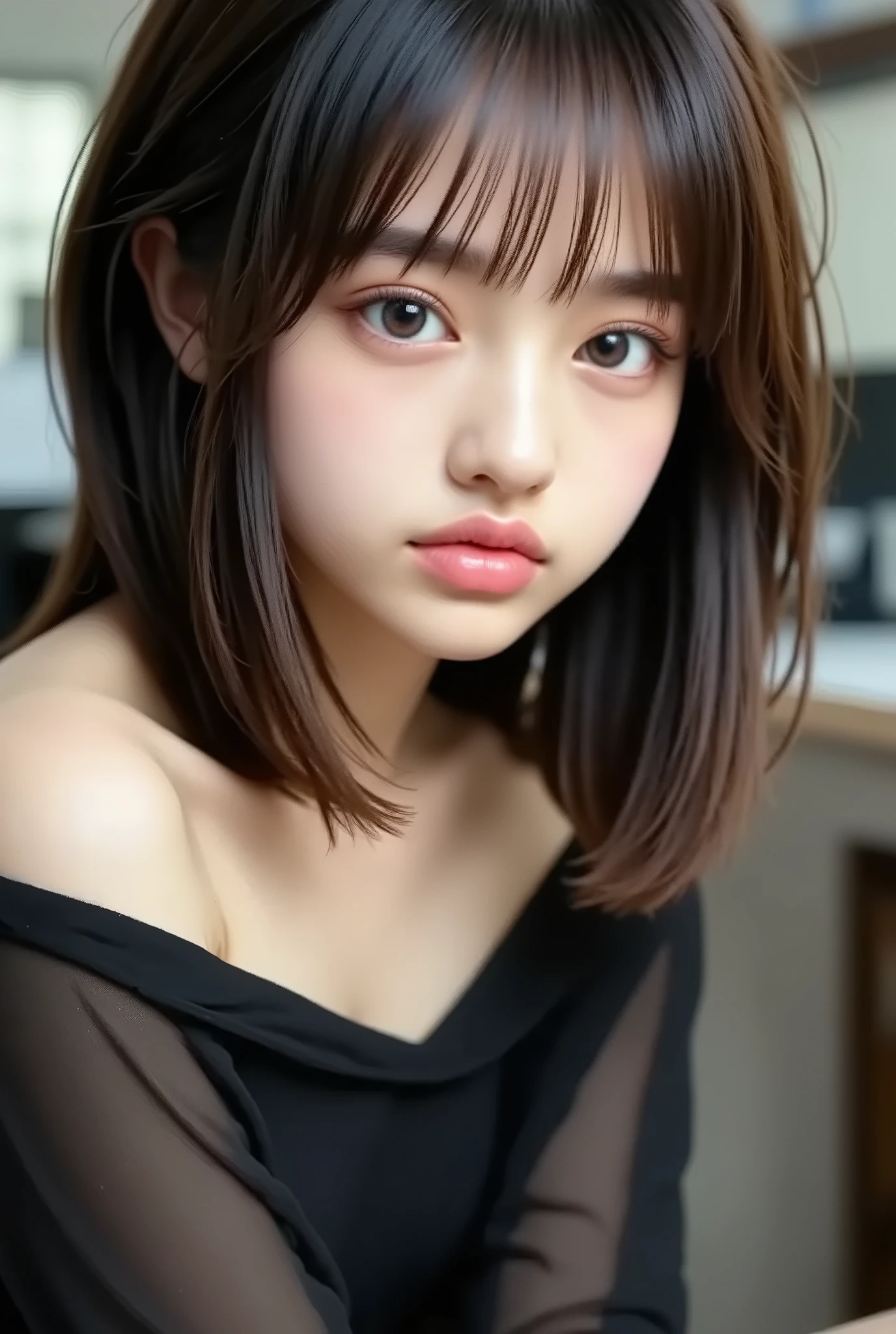 (masterpiece:1 . 3) , (8k , realistic , Original photo , best image quality: 1 . 4) , Japanese women in technical writing、Around 50 years old、Disconnect:2 . 0、very detailed face、Attention to detail、double eyelids、round nose、thick eyebrows、Chest to chest、light brown hair、short hair、sporty hair、Highest Quality、masterpiece、ultra high definition、(realistic:1 . 4)、Highly detailed and professional darkroom、sleepy、protruding shoulder、Deadly position