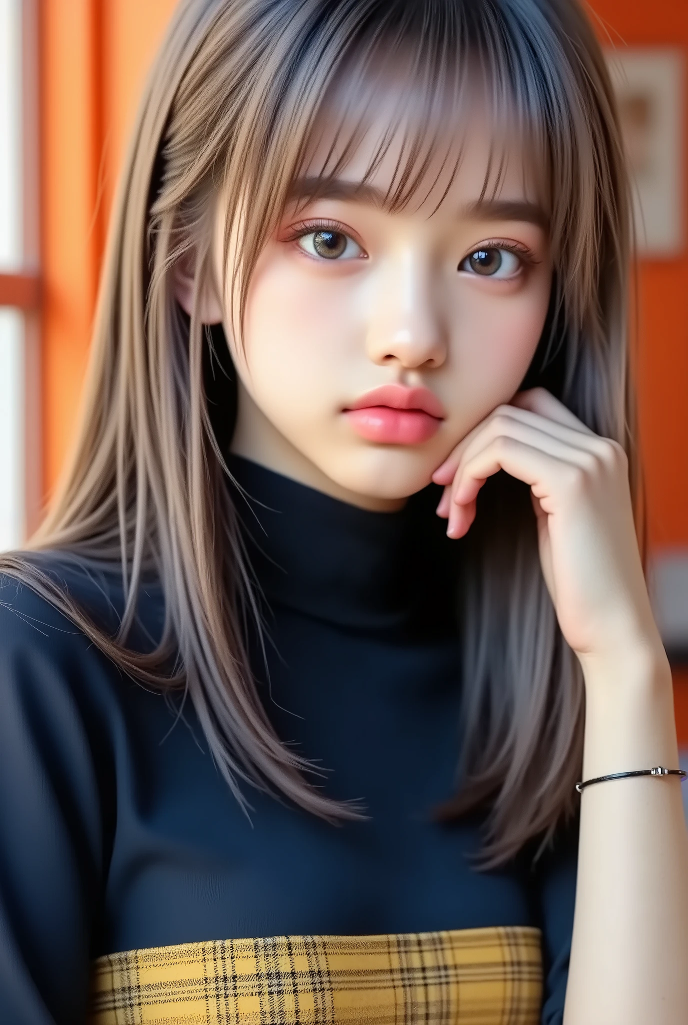 beautiful Japanese woman , Portrait of a young beautiful woman with soft skin and beautiful perfect face , small face with nose and rosy lips , beautiful eyes , beautiful smile . black , Bright , Eternalglow、thin , long , beautiful hair . loose , short hairstyle with gradient highlights and gray-beige layers , navy band collar shirt x yellow houndstooth flared skirt , ネオンカラーのBright背景 , Hyper-realistic photos of women , High quality high-resolution 8K masterpiece