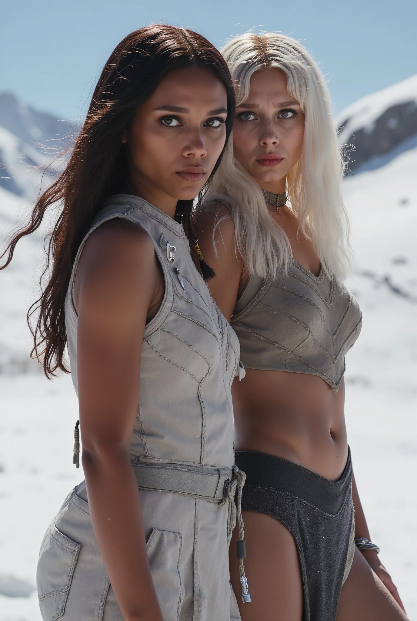 Girl a dark-skinned beauty with round and perfect breasts, hard nipples and nipples shining through the low neckline upper, wearing a loose and revealing snow jumpsuit, the beautifully friendly and flirty face of a goddess, seen over the shoulder, a light platinum blonde Caucasian woman, rosto detalhado, um top branco, wearing a black skirt and white dental floss, you can see the dental floss flashy makeup, Lindo flash  . very perfect waist, silver high heels , while standing on your snowboard At the top of the mountain in sunny weather causing your body to be totally tight in the lens, the way she goes up gets looser and reveals nudity , warm sunlight shining on her beautiful wet and shiny skin, 