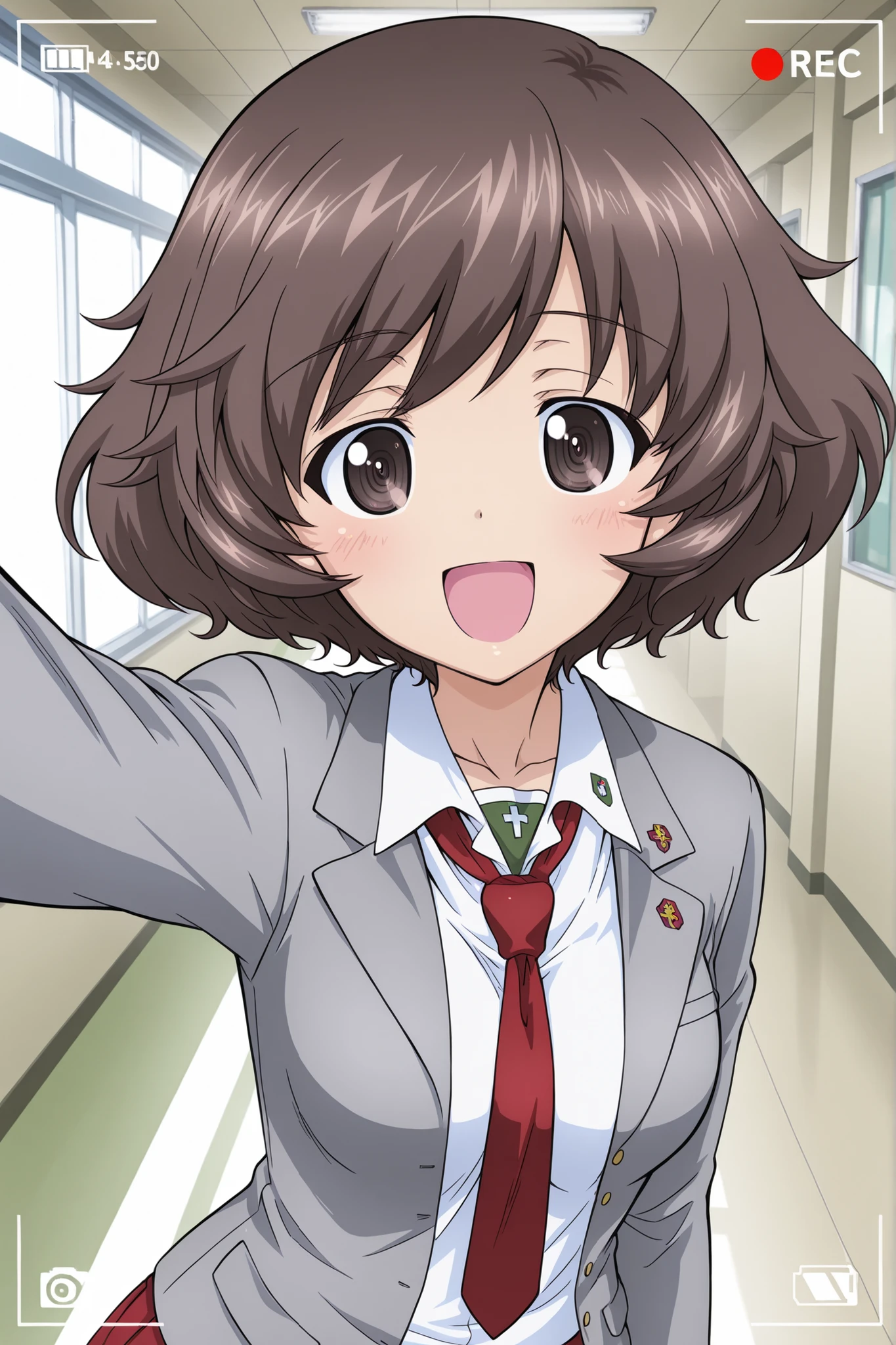1girl, Character, Girls_und_Panzer, Yukari Akiyama, happy, Saunders school uniform, selfie, viewfinder display, School hallway, Girls_und_Panzer art style