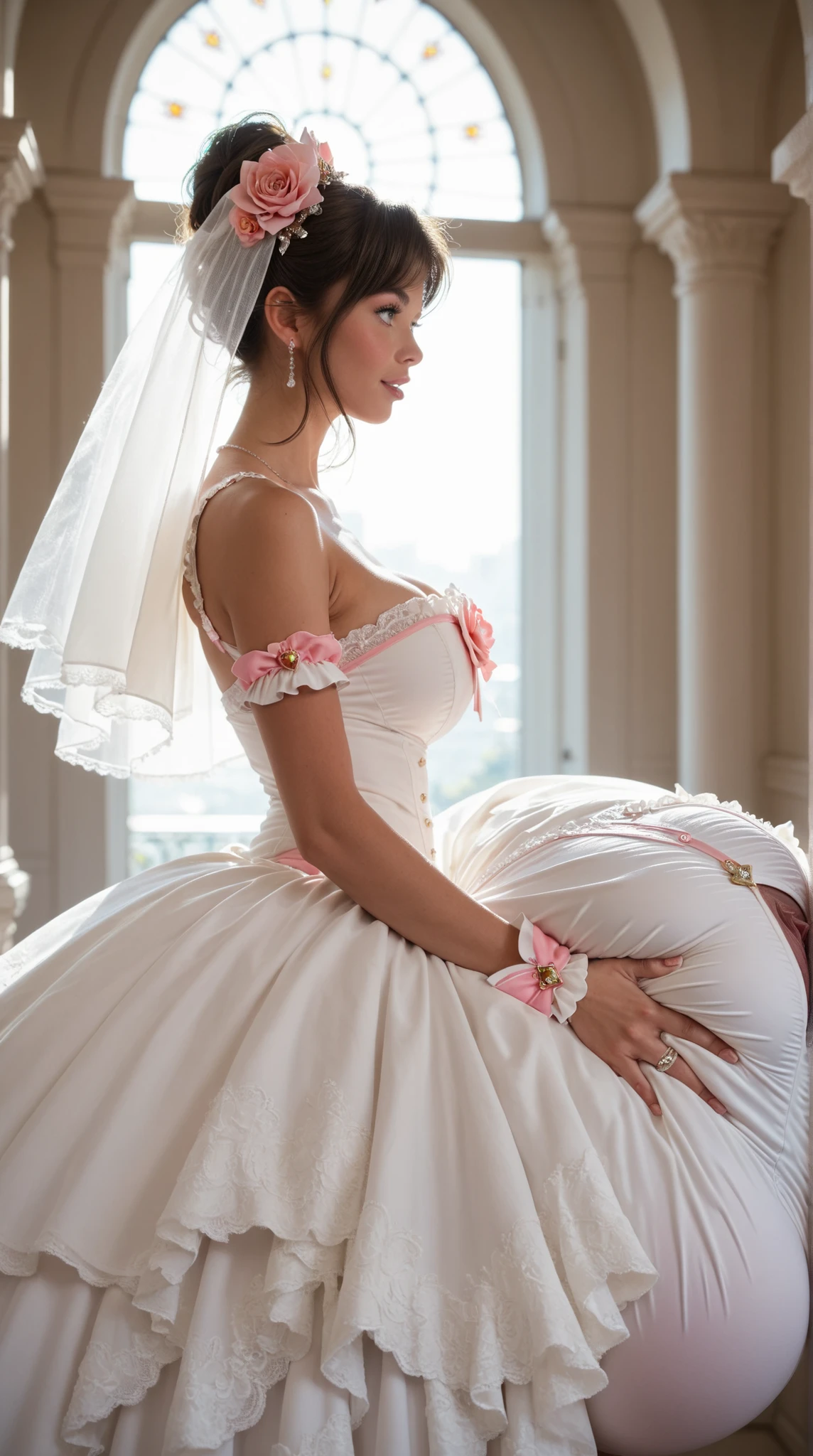 1girl, (gigantic pussy bulge:1.4), , frilly wedding dress, side view, magical girl outfit