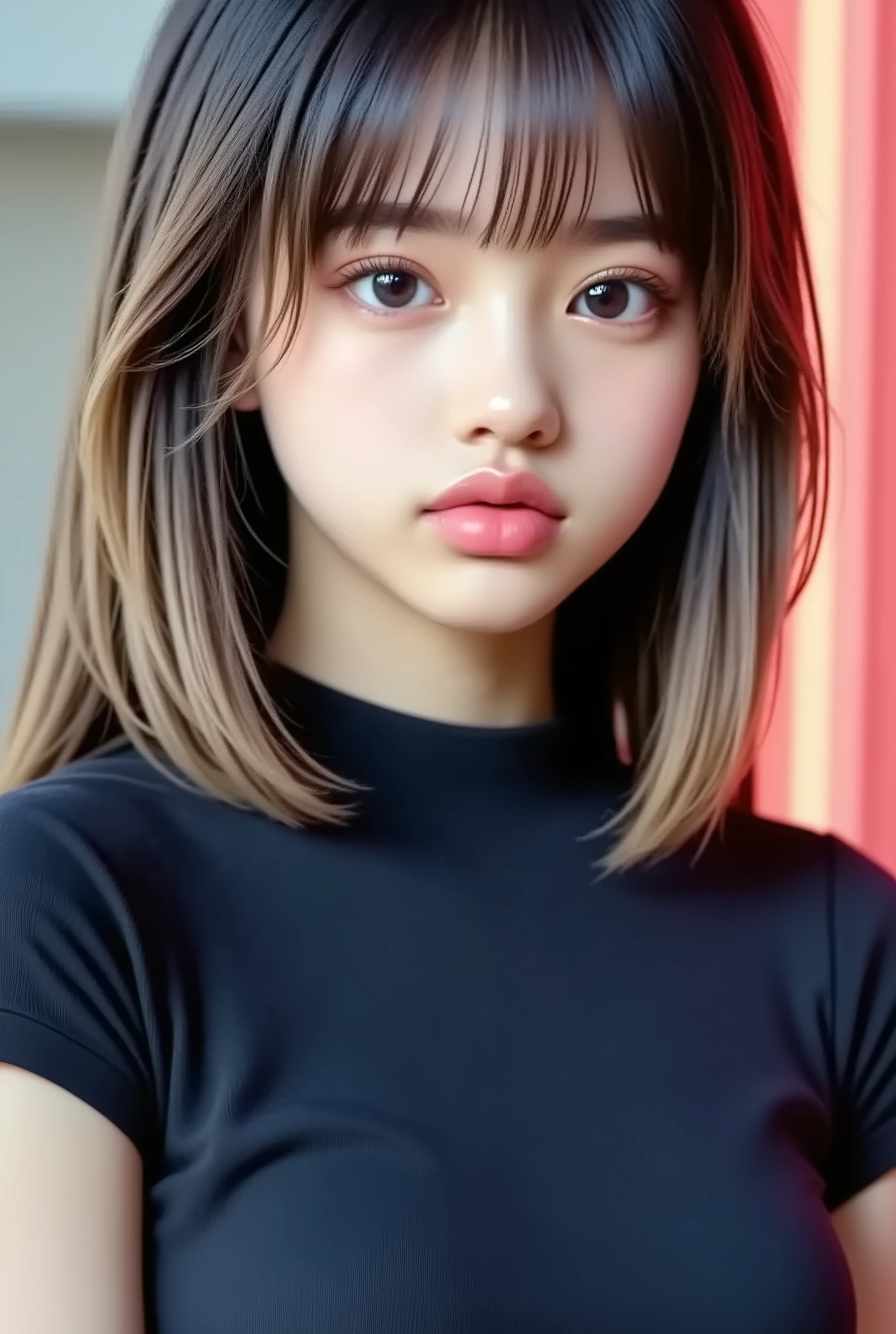 beautiful Japanese woman , Portrait of a young beautiful woman with soft skin and beautiful perfect face , small face with nose and rosy lips , beautiful eyes , beautiful smile . black , Bright , Eternalglow、thin , long , beautiful hair . loose , short hairstyle with gradient highlights and gray-beige layers , navy band collar shirt x yellow houndstooth flared skirt , ネオンカラーのBright背景 , Hyper-realistic photos of women , High quality high-resolution 8K masterpiece