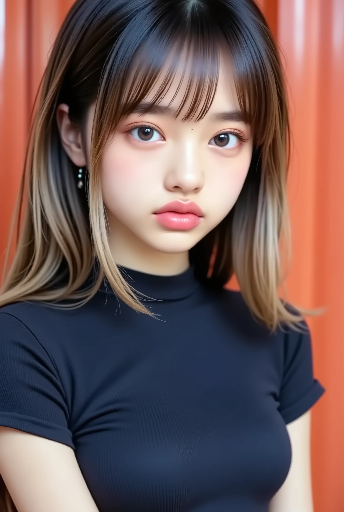 beautiful Japanese woman , Portrait of a young beautiful woman with soft skin and beautiful perfect face , small face with nose and rosy lips , beautiful eyes , beautiful smile . black , Bright , Eternalglow、thin , long , beautiful hair . loose , short hairstyle with gradient highlights and gray-beige layers , navy band collar shirt x yellow houndstooth flared skirt , ネオンカラーのBright背景 , Hyper-realistic photos of women , High quality high-resolution 8K masterpiece