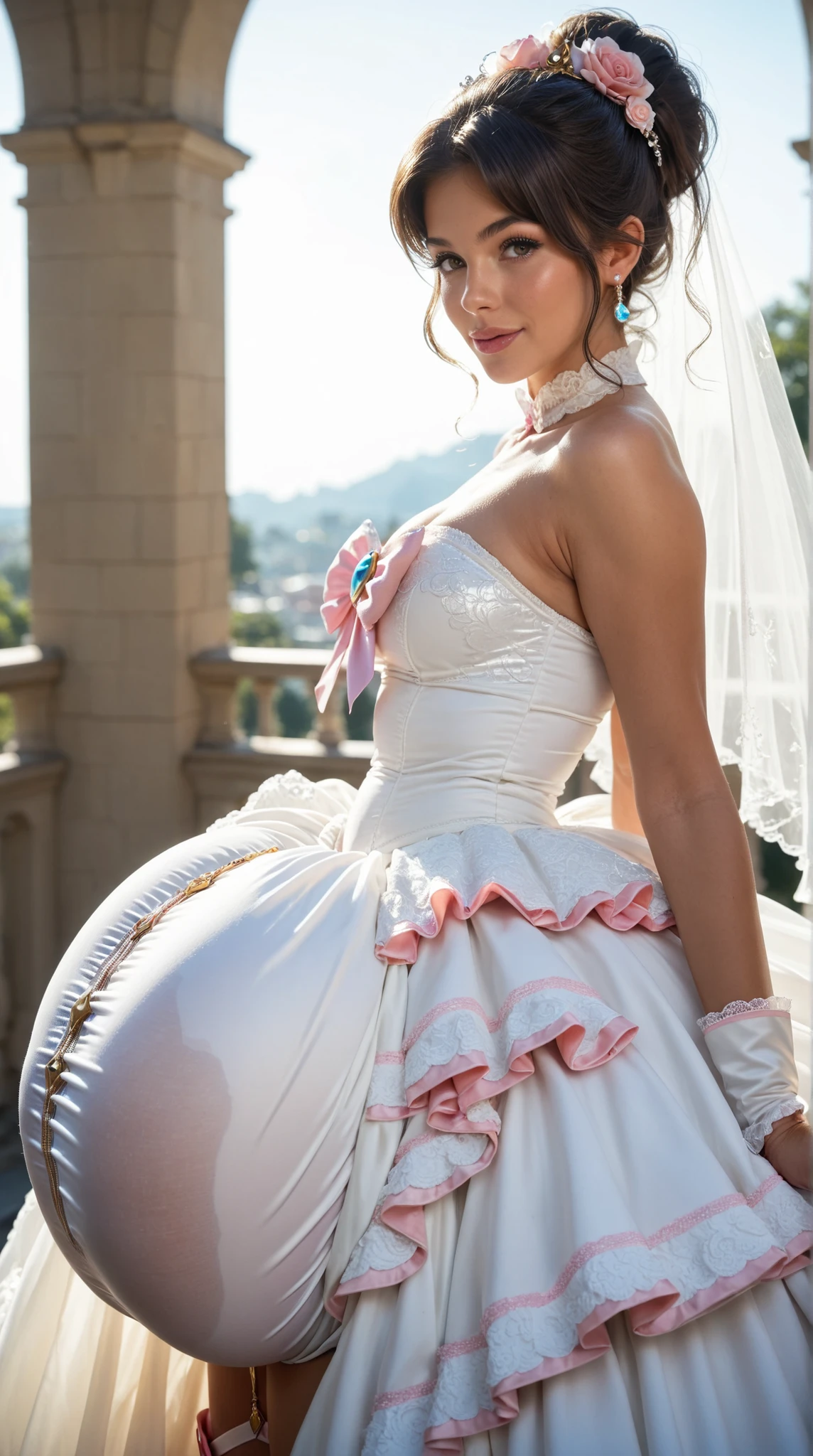 1girl, (gigantic pussy bulge:1.3), magical girl outfit, frilly wedding dress, side view, looking viewer, 