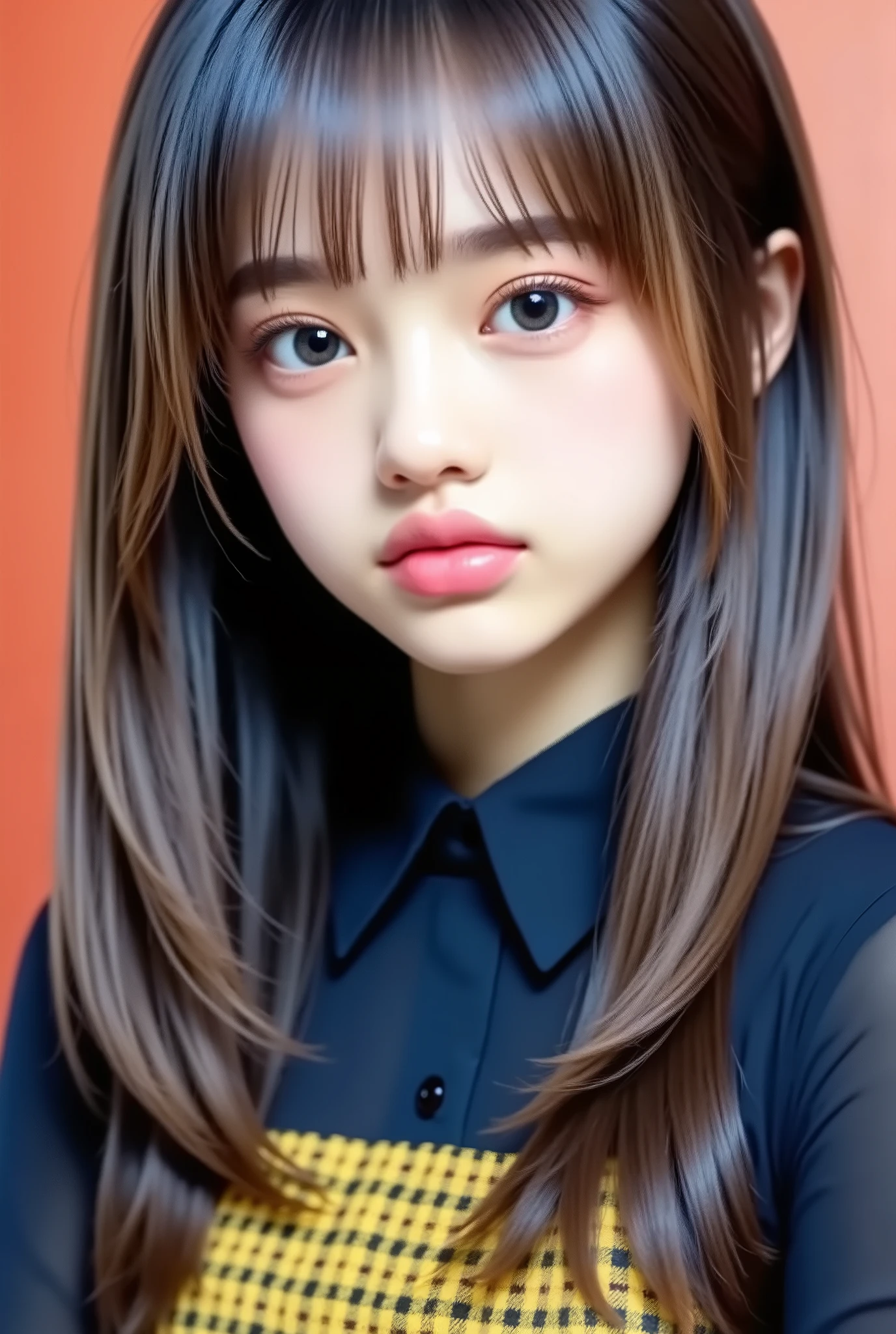 beautiful Japanese woman , Portrait of a young beautiful woman with soft skin and beautiful perfect face , small face with nose and rosy lips , beautiful eyes , beautiful smile . black , Bright , Eternalglow、thin , long , beautiful hair . loose , short hairstyle with gradient highlights and gray-beige layers , navy band collar shirt x yellow houndstooth flared skirt , ネオンカラーのBright背景 , Hyper-realistic photos of women , High quality high-resolution 8K masterpiece