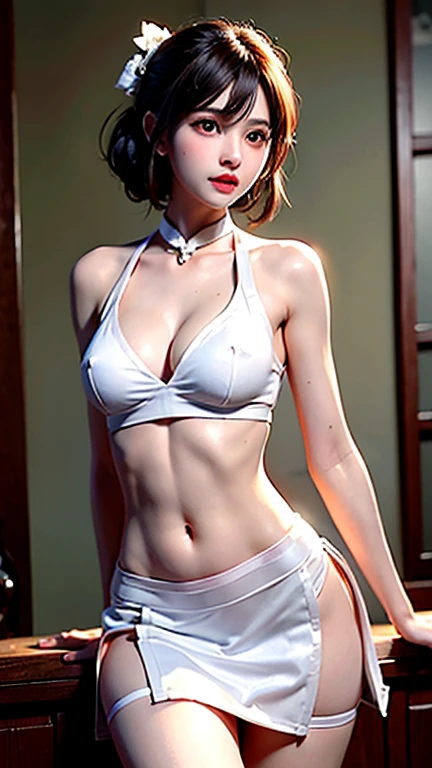 (High resolution, realista) retrato de una hermosa chica coreana con (cabello blanco ondulado) y (heterochromic eyes)Ella lleva un (Camisa blanca suelta) y (pantalones de yoga) que la muestran (abdominales apretados) y (Dedos de camello), mientras que su (pechos gryes) y (piernas largas) add to the allure.