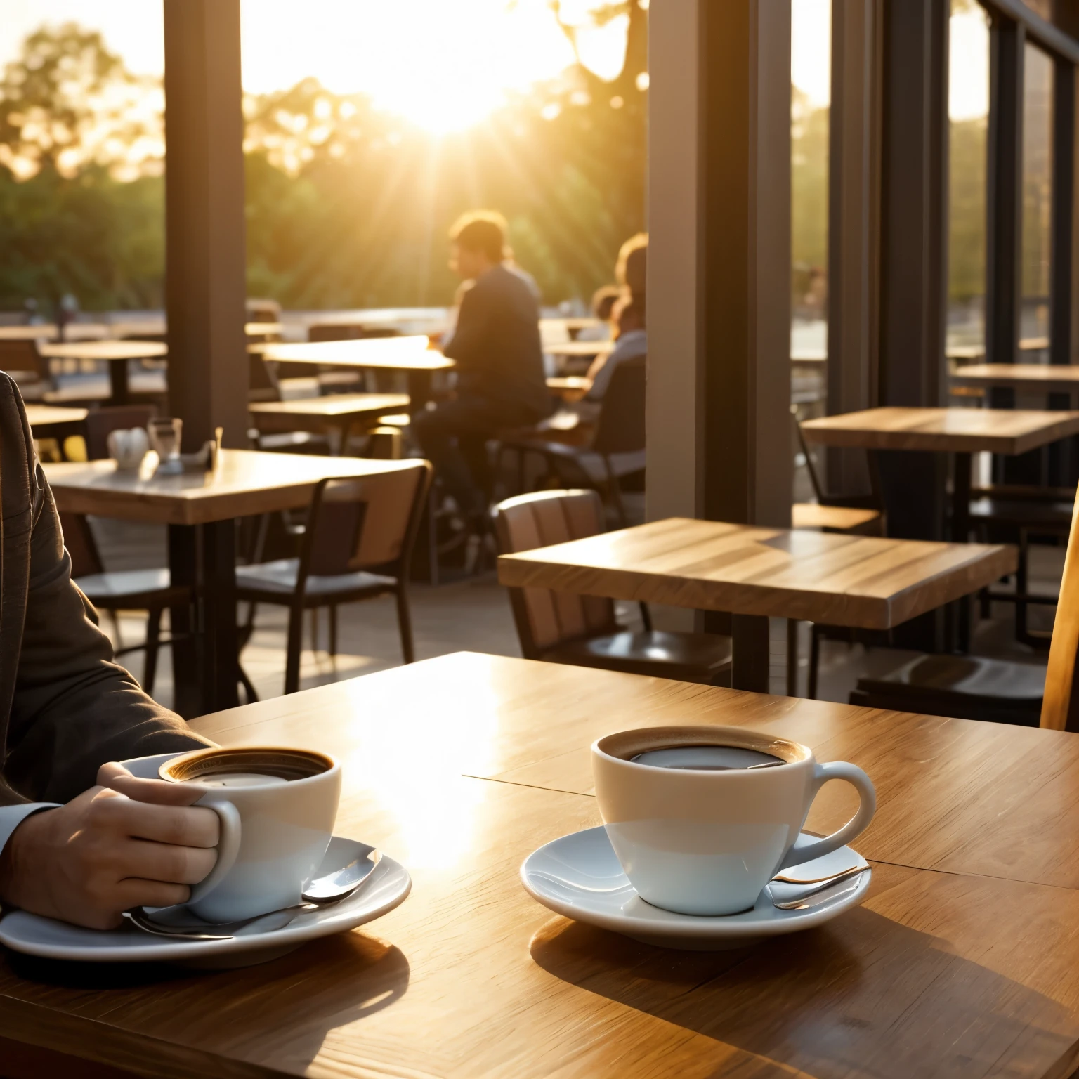 A stylish modern cafe at dawn with warm golden sunlight, a cup of coffee close-up on a wooden table, background blurred with people reading or working. Relaxed atmosphere, smooth color palette. No text in the image.