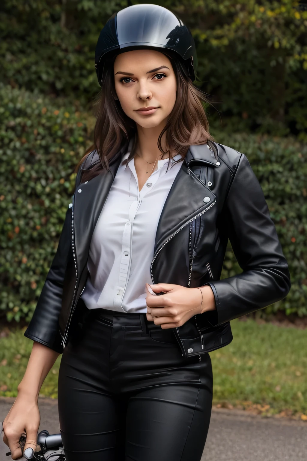 can you carefully draw a woman touring on a large motorcycle,full face helmet，black leather jacket， Black Leather Pants ，Leather Handbags,Leather shoes,can you draw facial expressions more delicately，leather jacket、white shirt,Leather long pants，A woman who enjoys touring，Woman driving a large motorcycle，，、reality，    Picture    