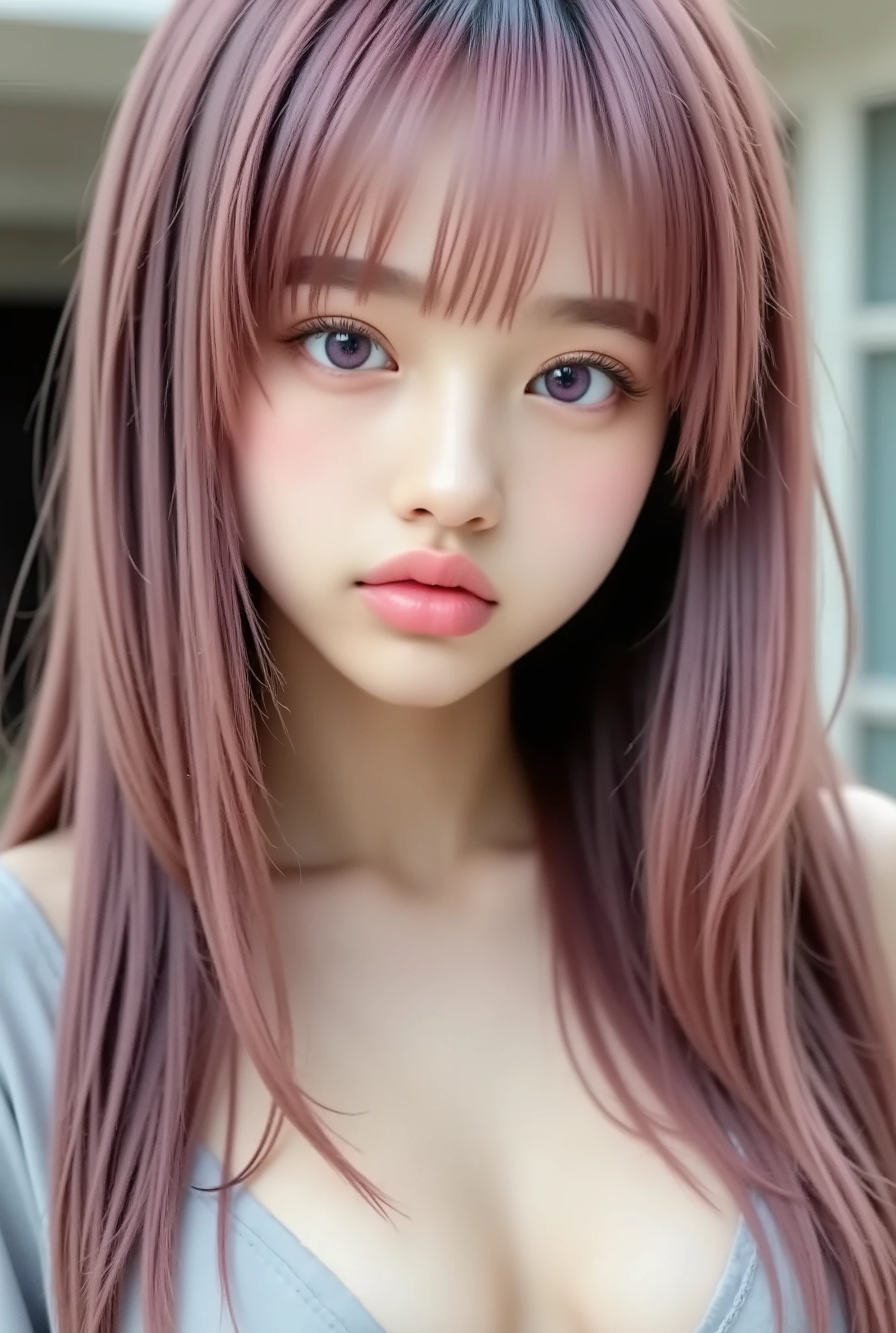 (masterpiece , Highest Quality) , intricate details , thin , ((Slim)) , beautiful girl , thinピンクの髪 , white skin , Light purple eyes on the penis , sharp jaw , cropped jacket , messy hair , lips , upper body , close-up , of , Outdoor ,