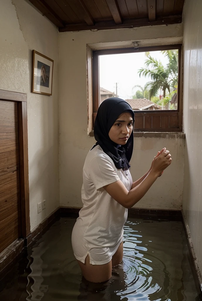 ((masterpiece, Best Quality, High resolution, 32K HDR)), 1female, Solo, (Ultra realistic portrait of mature Malaysian woman:1.55, Mature Muslim Woman:1.5, Chubby Malaysian Woman:1.65, She is a 50-year-old Malaysian:1.85, hijab:1.2, Housekeeper, Tanned skin:1.25, NAKED:1.55, no panty, rubber glove:1.15), (Tongue out:1.75, Shabby abandoned house:1.35, Messy toilet:1.2, Dark atmosphere:1.2, ultra gigantic tits:1.15),