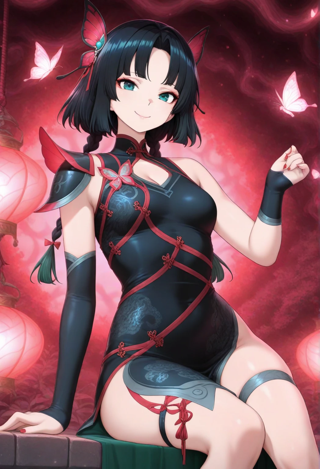 ((masterpiece,best quality)), absurdres, <lora:YorBriar:0.8>, zzYor, black hair, red eyes, (blue theme), looking at viewer, smile, bangs, large breasts, , hair ornament, , gloves, dress, cleavage, bare shoulders, flower, heart, , thighs, hairband, boots, choker, black gloves, hair flower, fingerless gloves, off shoulder, black footwear, grin, black dress, bare legs, leaning forward, rose, bent over, red flower, spikes, side slit, off-shoulder dress, hands on own knees, thorns, gold hairband, two-sided dress,