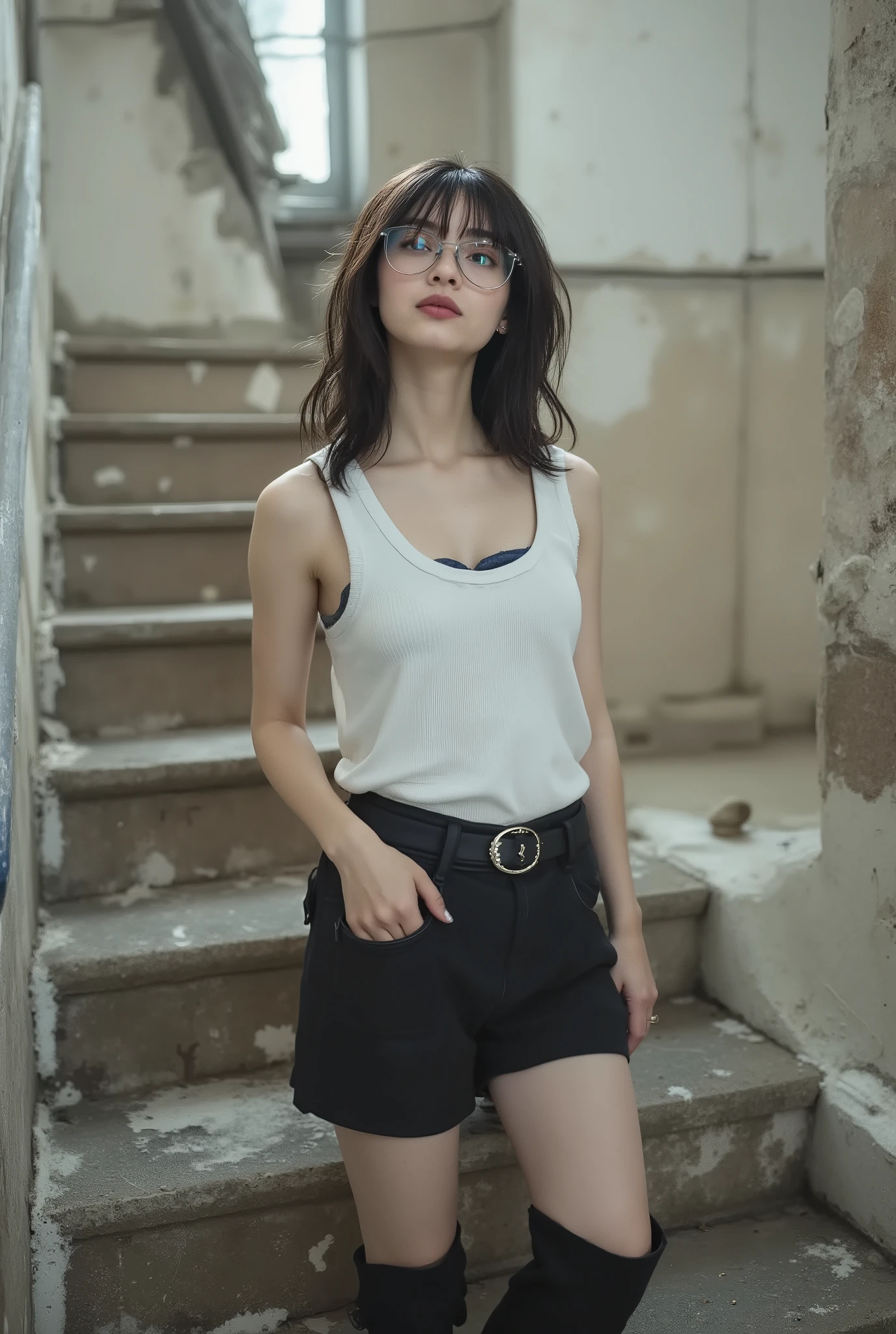 The scene showcases a young woman standing confidently at the base of a staircase in a somewhat dilapidated interior space, characterized by muted, natural light that filters in from the top of the stairs. She wears a fitted white tank top that accentuates her figure and form-fitting black shorts, paired with striking knee-high black boots, which add a bold contrast to her outfit. The backdrop is textured and features peeling paint and aged tiles, enhancing the gritty, urban aesthetic. Her long dark hair cascades gently, framing her face, and she sports stylish glasses that lend a touch of sophistication. The angle emphasizes her stance, with one leg casually bent, resting , creating an engaging and relaxed composition. The lighting casts soft shadows, adding depth and highlighting the contours of her physique. The overall mood is a blend of urban chic and effortless confidence, with influences from contemporary fashion photography, evoking a casual yet stylish essence embedded in an everyday environment.