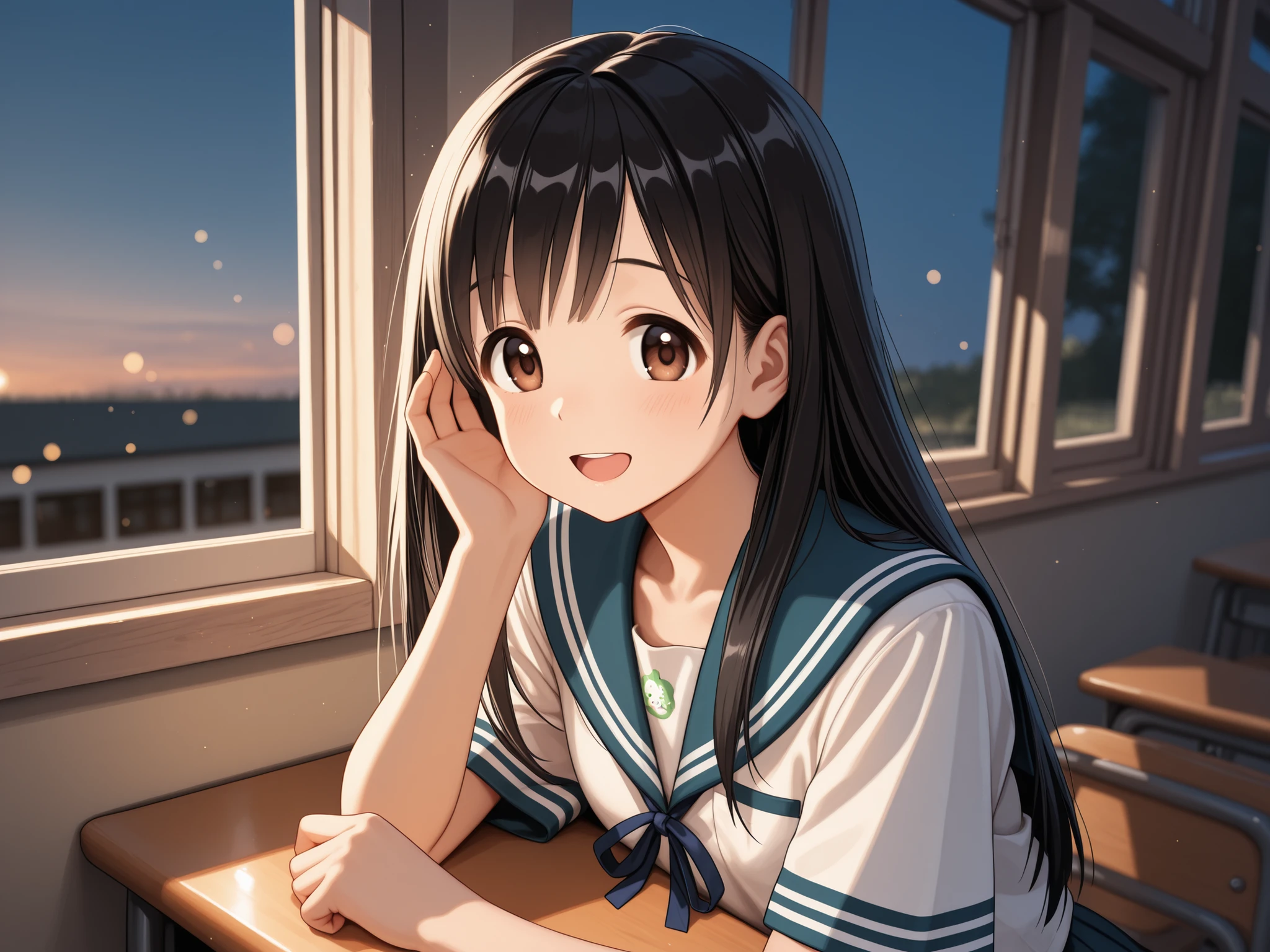 a high-quality digital drawing, clean and sharp lines, anatomically correct, ((cinematic lighting)), (depth of field), ((8k)), ((safe for work)),

break,
((detailed and vibrant brown eyes)), ((tareme)), ((natural beauty and charm)),

break,
((long straight black hair)), ((smooth bangs)),

break,
((detailed japanese high school summer uniform)), ((chest 32 inches)),

break,
((dutch angle)), ((looking at viewer)), ((sitting at table by window)), ((beautiful laugh)), ((light blush)), ((morning glow)), ((detailed japanese school classroom))