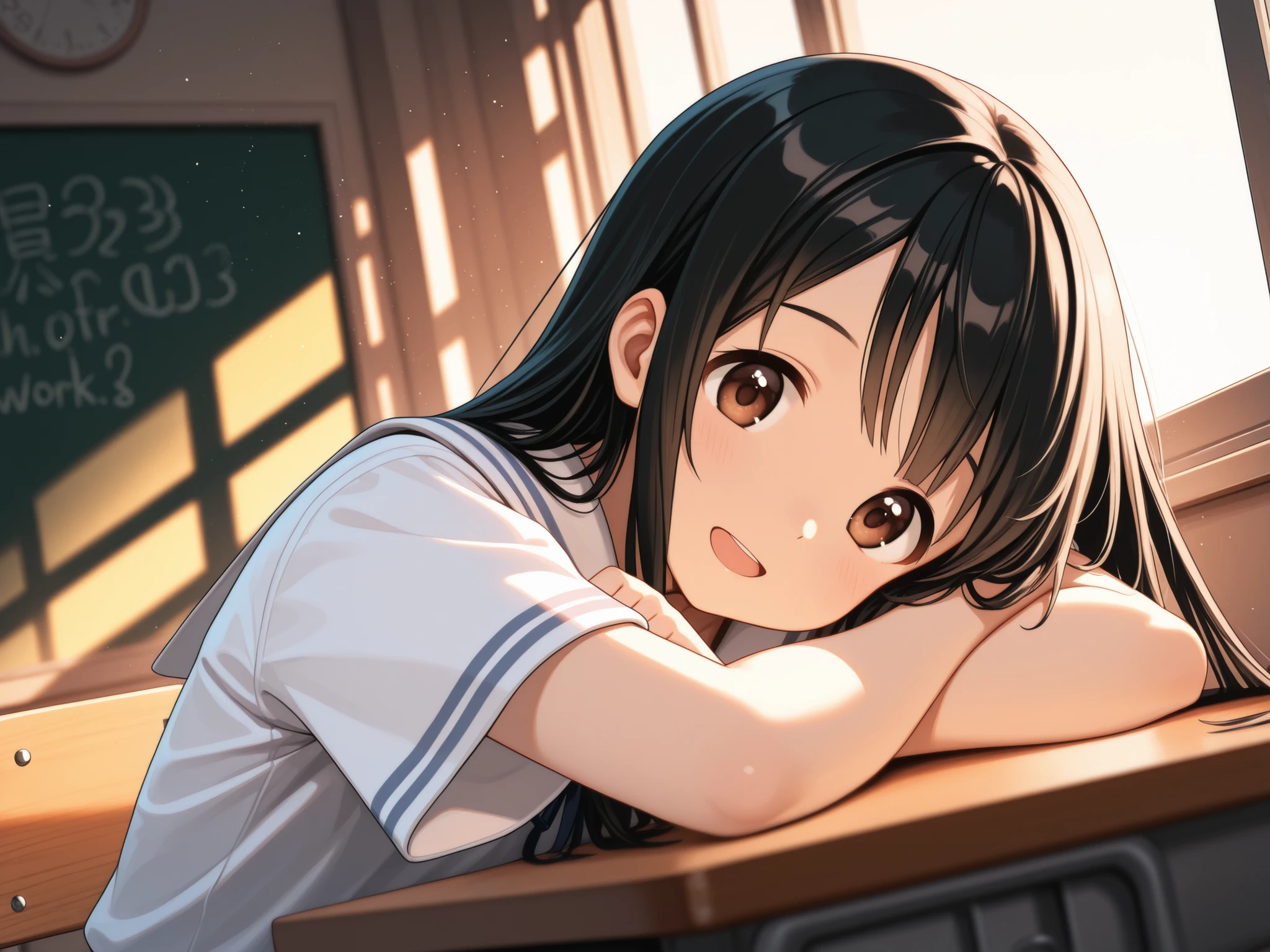 a high-quality digital drawing, clean and sharp lines, anatomically correct, ((cinematic lighting)), (depth of field), ((8k)), ((safe for work)),

break,
((detailed and vibrant brown eyes)), ((tareme)), ((natural beauty and charm)),

break,
((long straight black hair)), ((smooth bangs)),

break,
((detailed japanese high school summer uniform)), ((bust 32 inches)),

break,
((dutch angle)), ((looking at viewer)), ((sitting at table by window)), ((beautiful laugh)), ((light blush)), ((morning glow)), ((detailed japanese school classroom))