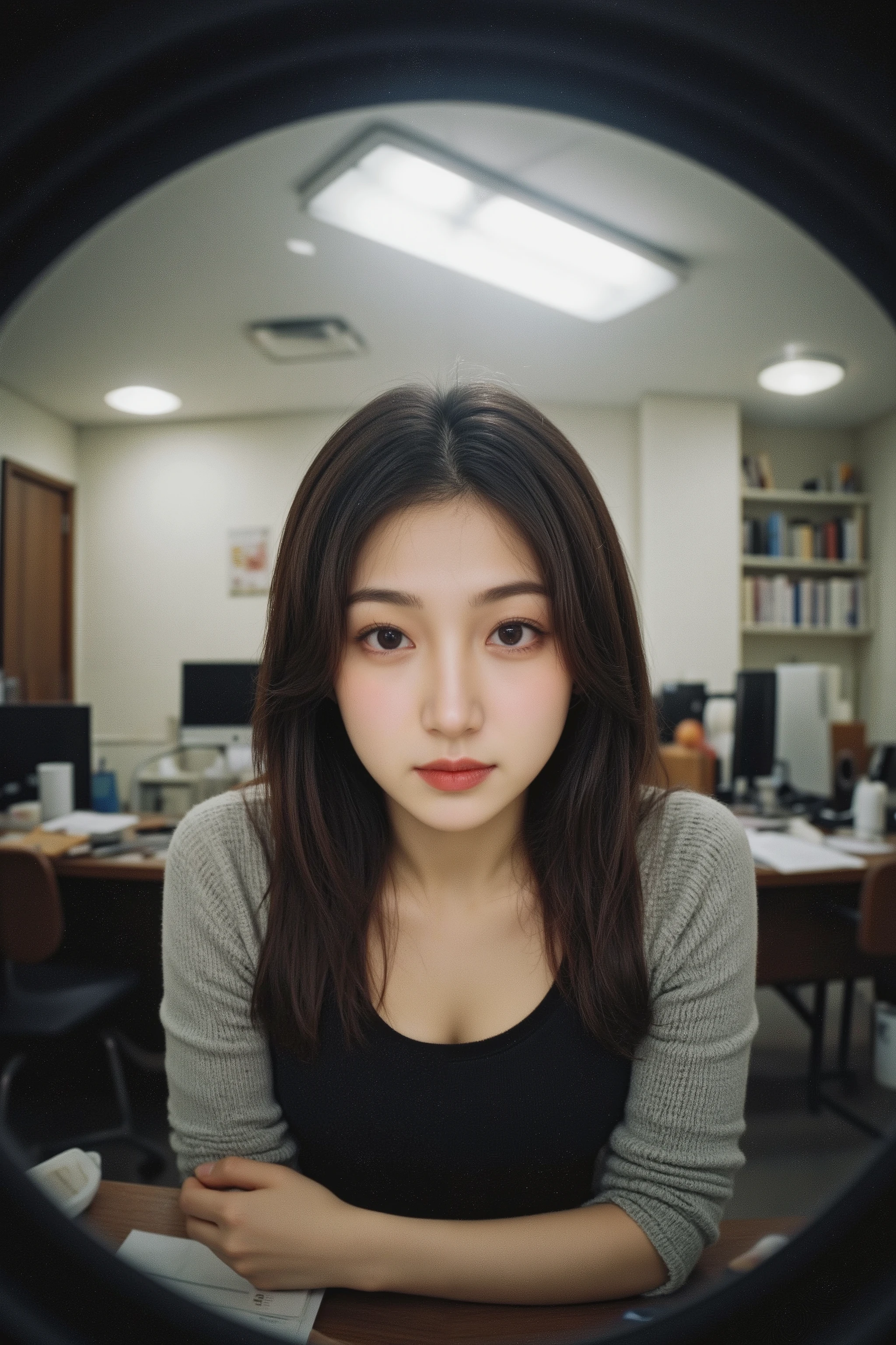 A fish-eye surveillance camera view of a business office shows a young woman looking directly into the lens. The woman has long dark hair and wears business attire. The image has a grainy, low-quality appearance with visible video noise artifacts. The curved distortion characteristic of fish-eye lenses warps the office space, with desk edges and ceiling corners bending along the frame. Overhead fluorescent lights create glare spots on the image. Low resolution security camera footage with strong fish-eye lens distortion and visible noise artifacts.