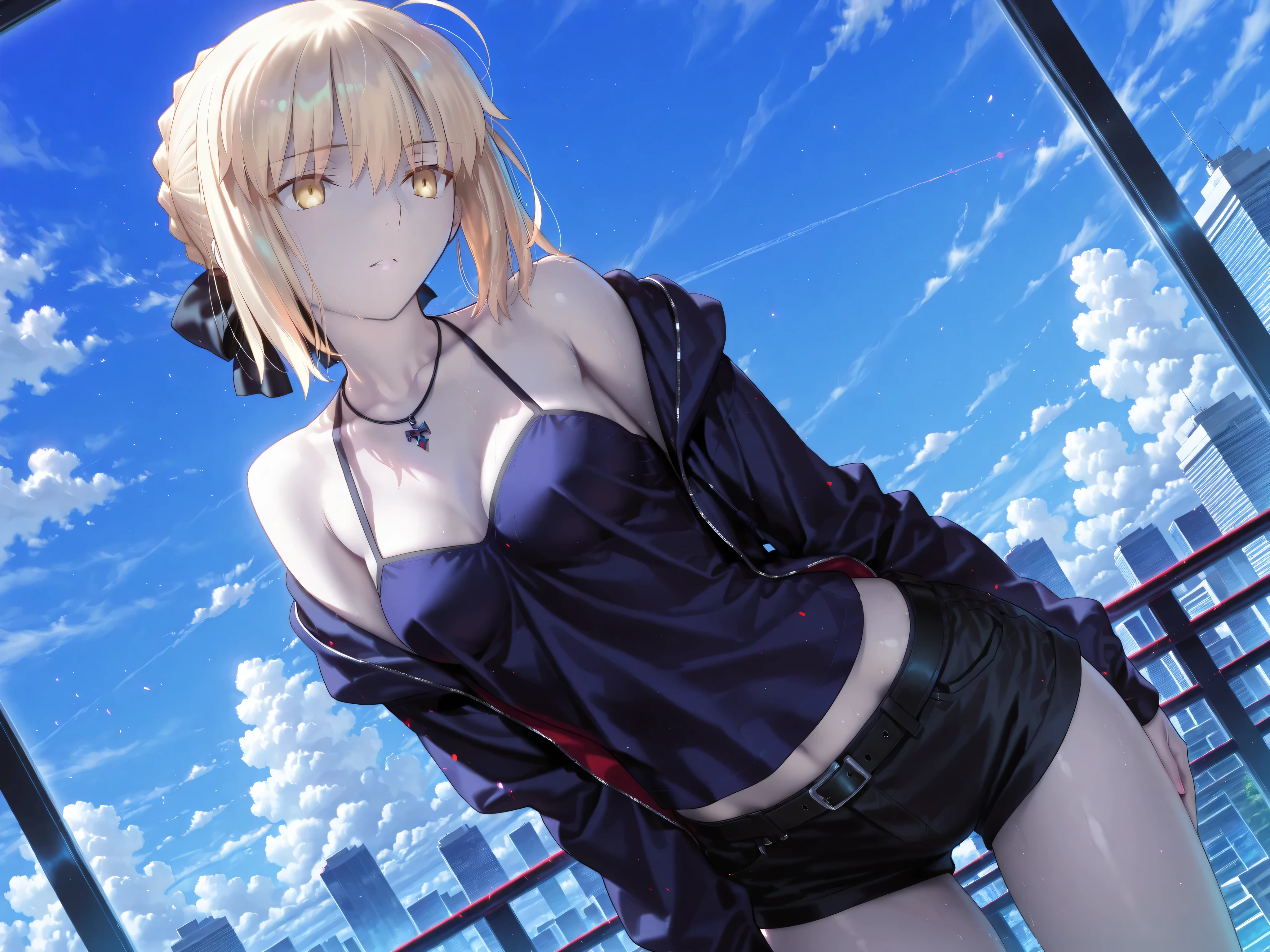 solo,masterpiece,best quality,super fine illustration、finely detail 、clear picture、UHD、HDR, amazing quality, highres, absurdres, very aesthetic, high resolution, ultra detailed, perfect details,(masterpiece, detailed:1.2)、saber alter, artoria pendragon (fate), blonde hair, yellow eyes, french braid, braided bun, single hair bun, short hair, sidelocks, pale skin,,takeuchi takashi,Saber alter shinjuku
