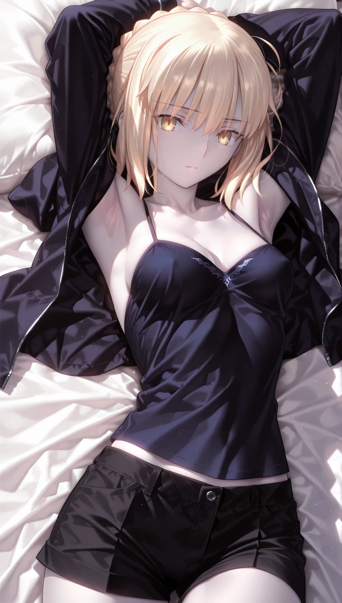 solo,masterpiece,best quality,super fine illustration、finely detail 、clear picture、UHD、HDR, amazing quality, highres, absurdres, very aesthetic, high resolution, ultra detailed, perfect details,(masterpiece, detailed:1.2)、saber alter, artoria pendragon (fate), blonde hair, yellow eyes, french braid, braided bun, single hair bun, short hair, sidelocks, pale skin,,takeuchi takashi,Saber alter shinjuku 、looking at viewer,lie on own back,lying on one’s back, arms raised in the air,,armpit focus