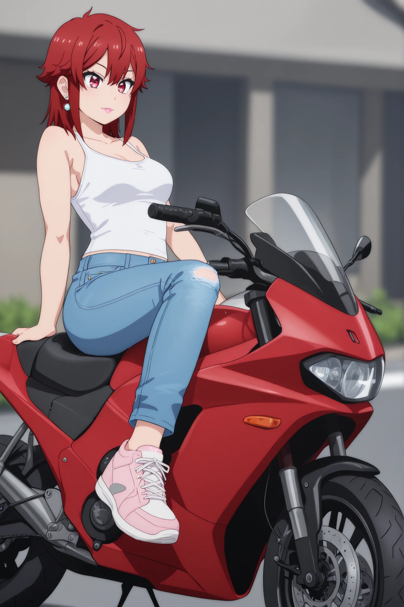 Tomo Aizawa , medium hair, red hair, medium breasts, earrings, pink lips , fire red eyes, muscle body, |  (masterpiece , best quality:1 . 2) , (1girl , solo) , sitting on bike , on motorcycle , snap-shot-vehicle , (astride a bike , denim Pants , sneaker) , shallow depth of field , blurred background , (cel-shading) , (bold-outlines)
