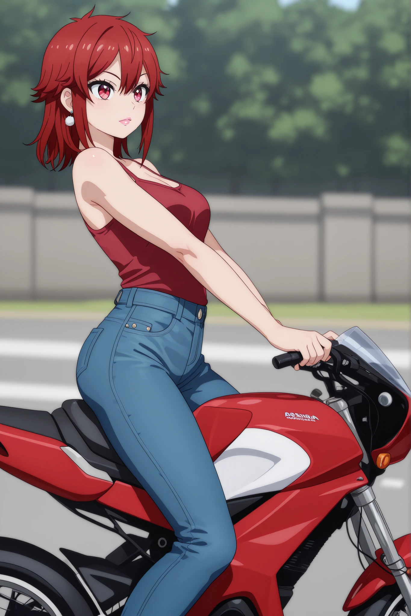 Tomo Aizawa , medium hair, red hair, medium breasts, earrings, pink lips , fire red eyes, muscle body, |  (masterpiece , best quality:1 . 2) , (1girl , solo) , sitting on bike , on motorcycle , snap-shot-vehicle , (astride a bike , denim Pants , sneaker) , shallow depth of field , blurred background , (cel-shading) , (bold-outlines)

