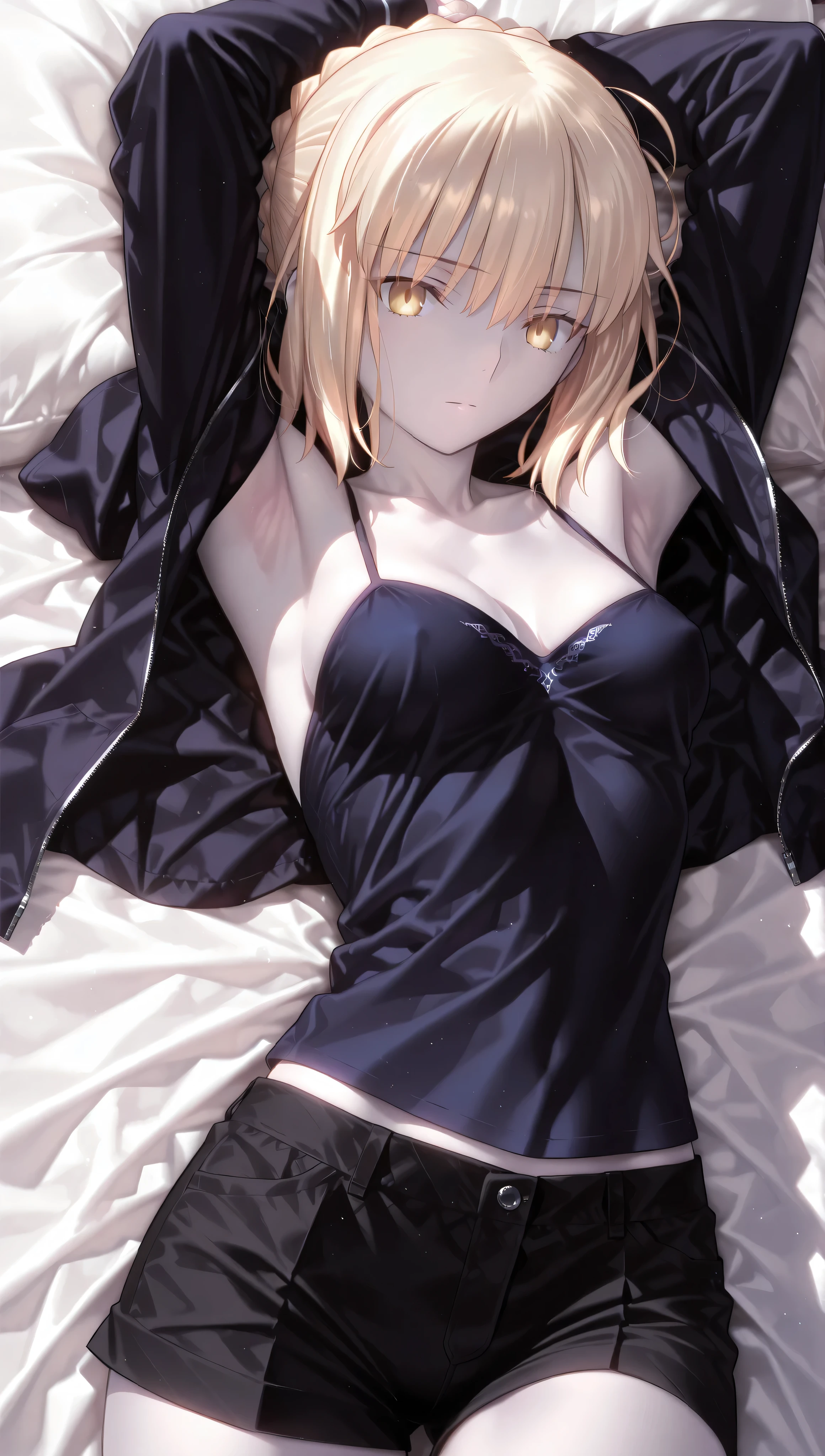 (bottom view), blonde hair, pink eyes, bob cut, perfect face, realistic, lively, lip gloss, messy hair, blush, sexy,, fascinating, black choker, mascara, not wearing anything, (((armpit))), put your hands behind your head, part your lips, sultry look, kneel down