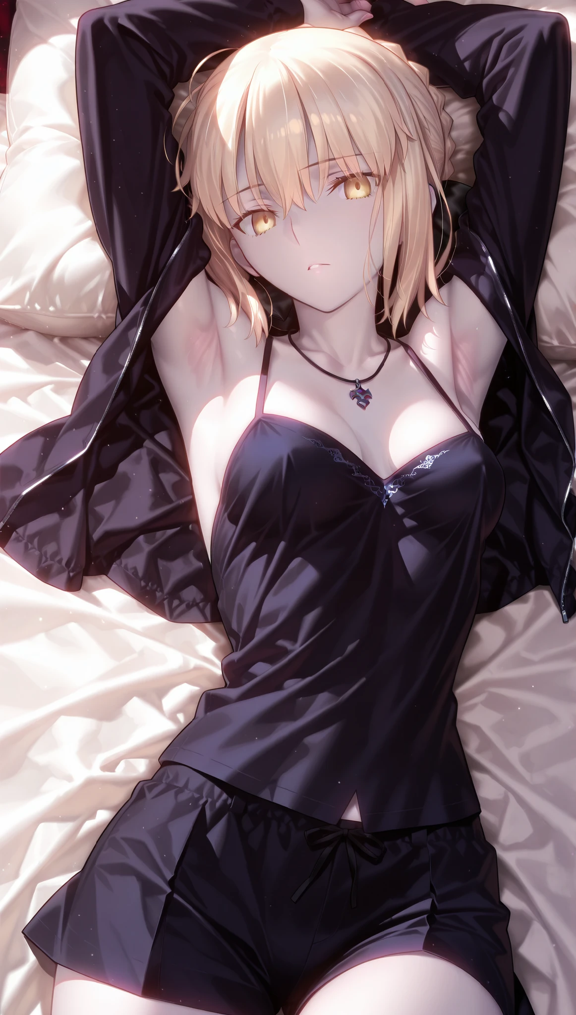 solo,masterpiece,best quality,super fine illustration、finely detail 、clear picture、UHD、HDR, amazing quality, highres, absurdres, very aesthetic, high resolution, ultra detailed, perfect details,(masterpiece, detailed:1.2)、saber alter, artoria pendragon (fate), blonde hair, yellow eyes, french braid, braided bun, single hair bun, short hair, sidelocks, pale skin,,takeuchi takashi,Saber alter shinjuku 、looking at viewer,lie on own back,lying on one’s back, arms raised in the air,,armpit focus、mature female
