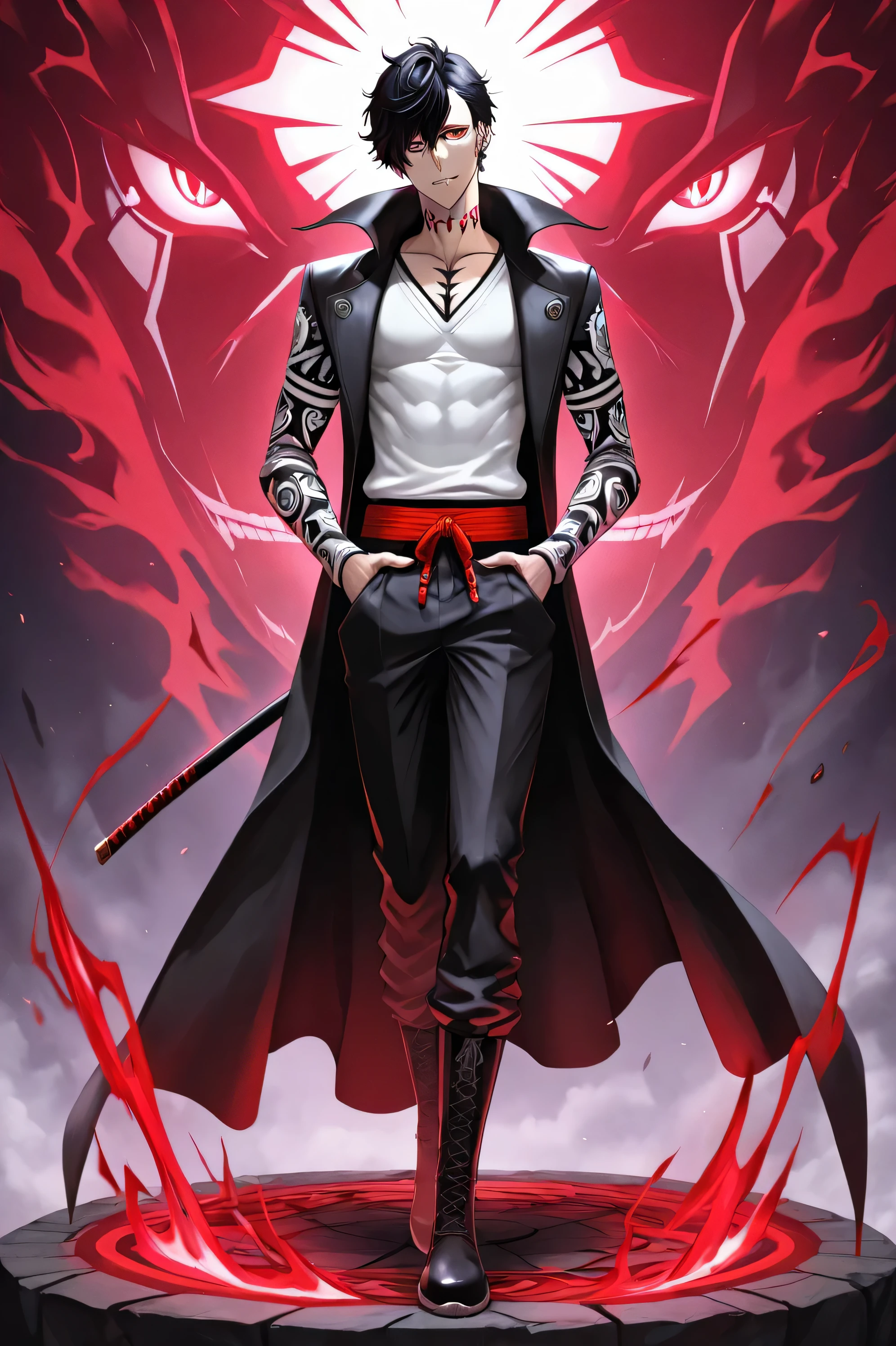 masterpiece, ultra highres, best quality 1 boy, ((Bleach x Persona 5 fusion style)), ((Tite Kubo sharp lines)), ((P5 bold colors)), bishounen, ((clear detailed face)), sharp amber eyes, glowing slit pupils, ((clear facial features)), ((well-defined facial structure)), dangerous smirk, light honey-toned skin, caramel complexion, long layered spiky black hair, side-swept bangs, ((face not obscured by hair)), silver lip ring, dual eyebrow piercings, ((detailed tribal tattoo sleeves)), intricate neck tattoos, sharp black eyeliner, lean athletic build, toned muscles black designer trench coat with red accents, high collar, white fitted v-neck, multiple silver chains, black tactical pants with red straps, premium combat boots, silver statement rings, designer watch, rebellious phantom thief aesthetic, modern street fashion, ((P5 style dynamic clothing folds)) ((masterwork katana)), ((sheathed katana held in right hand)), matte black sheath with red tribal patterns, crimson silk cord wrap, obsidian-black tsuba with phoenix design, darkened steel fittings, red leather wrapped handle, subtle spiritual energy emanating from blade, ((detailed sword craftsmanship)) dramatic cel shading, ((red and black Persona 5 effects)), ((floating spiritual energy)), glowing magical effects, modern city backdrop, sharp architectural elements, clean urban setting, glass and steel structures, dramatic lighting confident stance, left hand in pocket, ((right hand firmly gripping sheathed katana)), ((front view)), ((clear view of face)), slight head tilt, cocky expression, ((Bleach spiritual pressure aura)), dynamic pose, strong character presence 