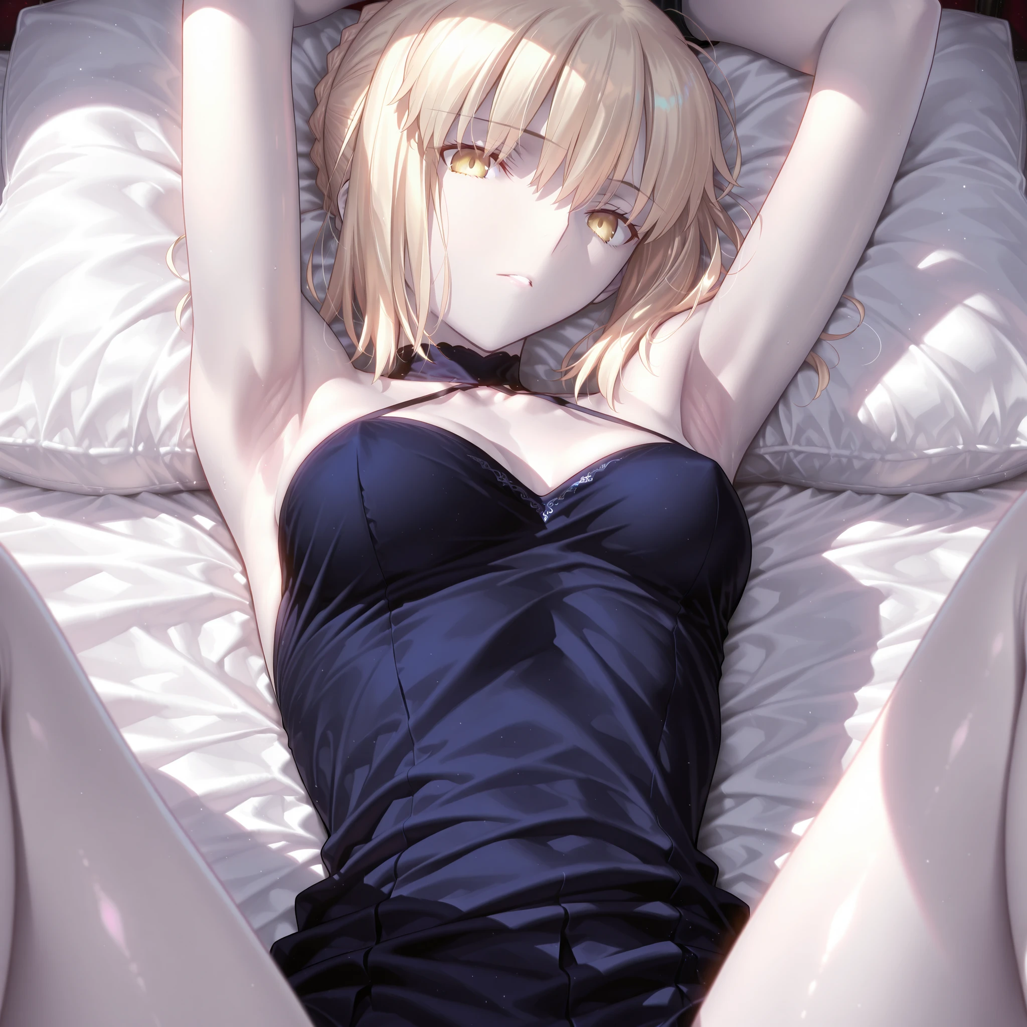 solo,masterpiece,best quality,super fine illustration、finely detail 、clear picture、UHD、HDR, amazing quality, highres, absurdres, very aesthetic, high resolution, ultra detailed, perfect details,(masterpiece, detailed:1.2)、saber alter, artoria pendragon (fate), blonde hair, yellow eyes, french braid, braided bun, single hair bun, short hair, sidelocks, pale skin,,takeuchi takashi,Saber alter shinjuku 、looking at viewer,lie on own back,lying on one’s back, arms raised in the air,,armpit focus、mature female