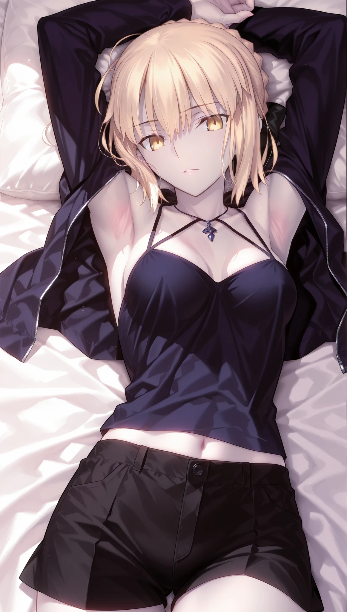 solo,masterpiece,best quality,super fine illustration、finely detail 、clear picture、UHD、HDR, amazing quality, highres, absurdres, very aesthetic, high resolution, ultra detailed, perfect details,(masterpiece, detailed:1.2)、saber alter, artoria pendragon (fate), blonde hair, yellow eyes, french braid, braided bun, single hair bun, short hair, sidelocks, pale skin,,takeuchi takashi,Saber alter shinjuku 、looking at viewer,lie on own back,lying on one’s back, arms raised in the air,,armpit focus、mature female