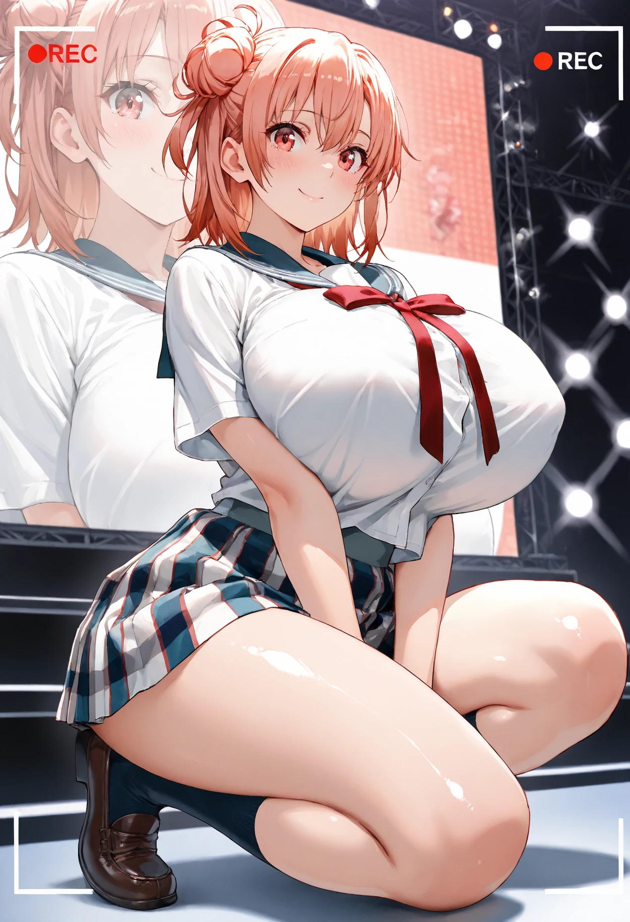 {{{masterpiece}}}, {{{best quality}}}, {{ultra-detailed}}, {illustration}, {{an extremely delicate and beautiful}}, (beautiful detailed eyes:1.6), extremely detailed face, 8k, anime face, NSFW, Yuigahama Yui (Oregairu), cute face, (short hair:1.5), (single side bun:1.5), (hair between eyes:1.5), (pink hair:1.5), (red eyes:1.5), big breasts, thin waist, big hips, curvaceous, {school uniform:1.5}, (white shirt:1.5), (plaid skirt:1.5), red ribbon, white shirt, black jacket, BREAK, NSFW, taking off clothes, open clothes, Open shirt, open jacket, lift up jacket, breasts, nipples, lift up skirt, blush, BREAK, NSFW, Anime character is giving a blowjob to a man, hetero, 1boy, tongue, tongue out, elongated penis, erection,testicle, (headgrabblowjob:1.5), {{{fellatio}}}, {{{deepthroat}}}, {{{{{put penis in mouth}}}}}, oral sex, open mouth, {{{deepthroat}}}, covered in semen, embarrassed, naughty expression, flushed cheeks, cowboy shot, hand job, testicles grab, faceless male, kneeling, catch head, vacuum fellatio, facial