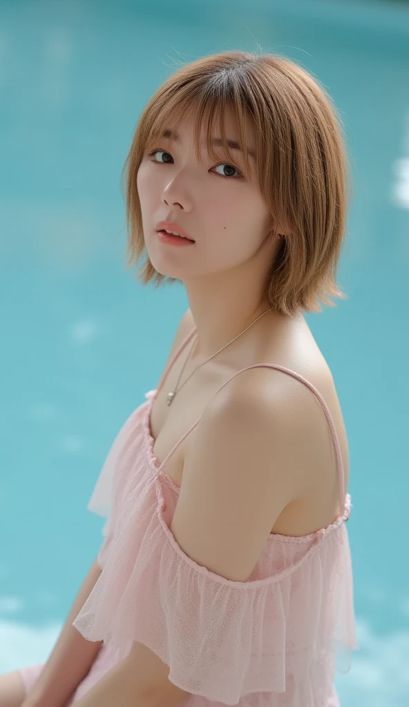 close up portrait of a cute woman (gldot) bathing in a river, wave bob hair, use bikini, reeds, (backlighting), realistic, masterpiece, highest quality, lens flare, shade, bloom, [[chromatic aberration]]